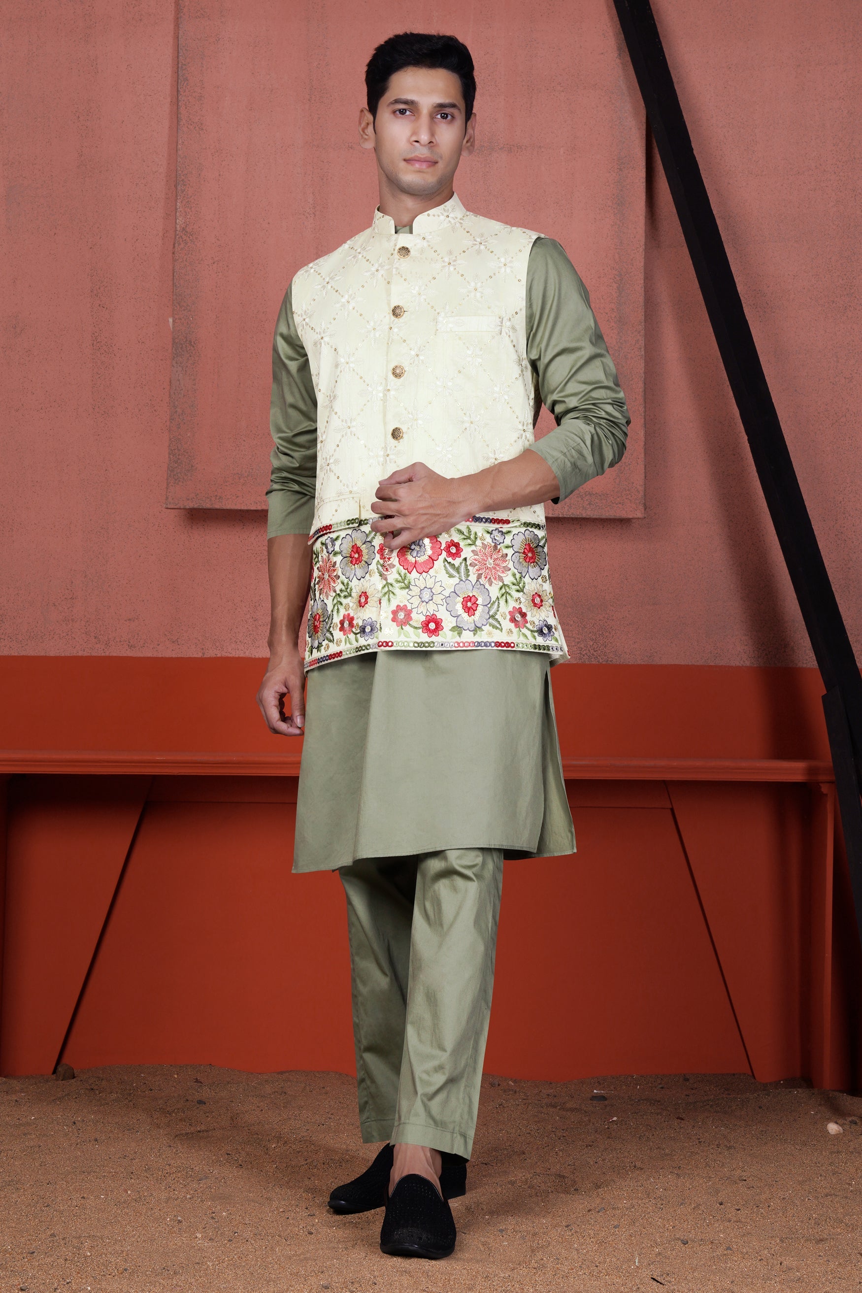 Merino Cream and Terra Pink Floral Cotton Thread Embroidered Designer Nehru Jacket