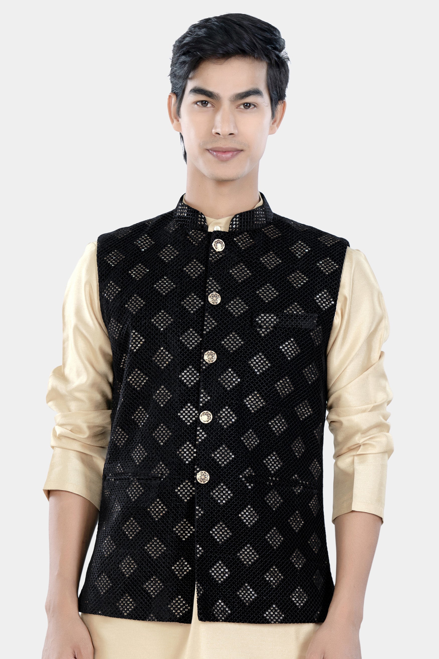Jade Black Geometric Sequin and Thread Embroidered Designer Nehru Jacket