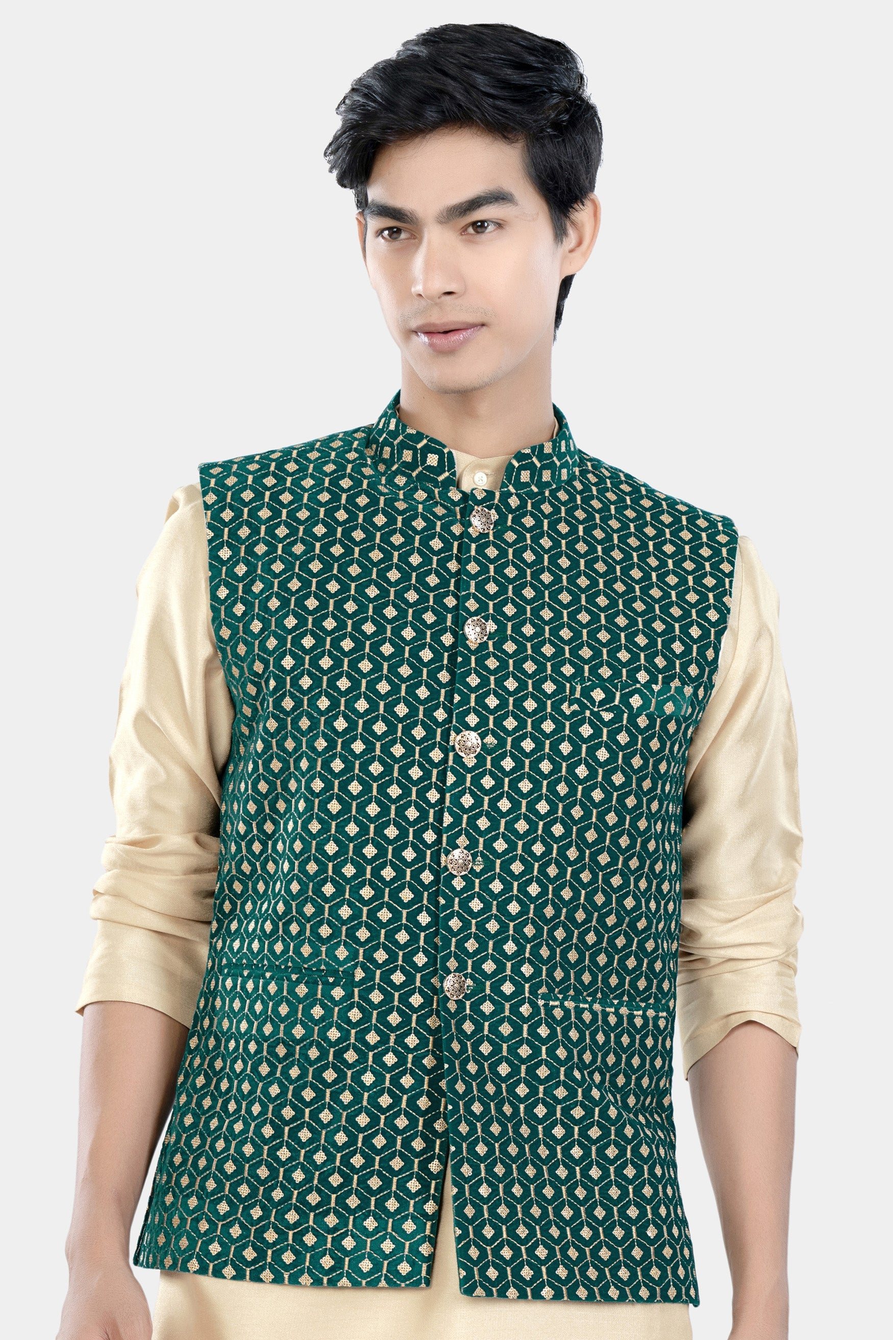 Sherpa Green and Givry Cream Hexagon Sequin and Thread Embroidered Designer Nehru Jacket