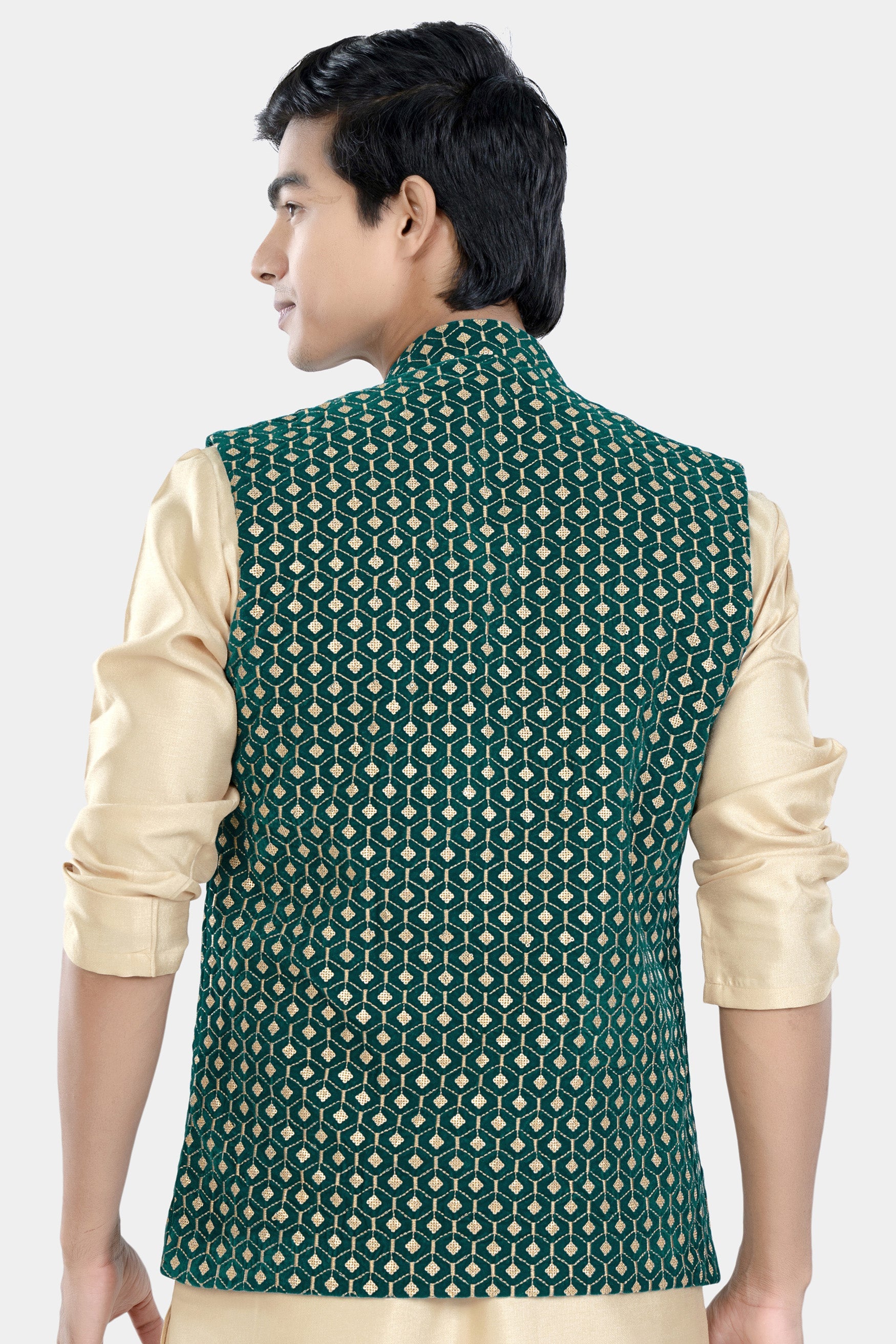 Sherpa Green and Givry Cream Hexagon Sequin and Thread Embroidered Designer Nehru Jacket