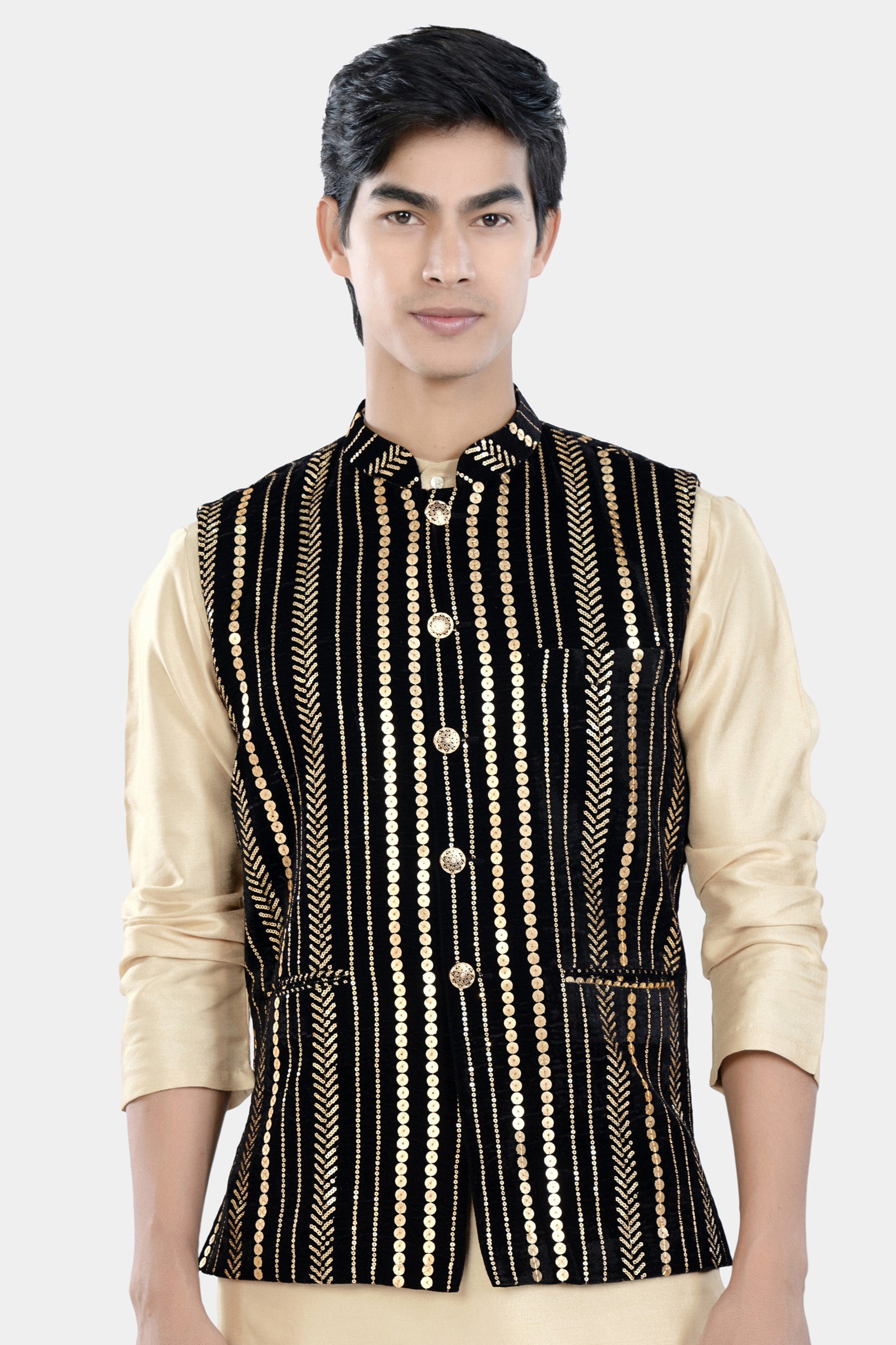 Jade Black Vertical Sequin Embroidered Designer Nehru Jacket