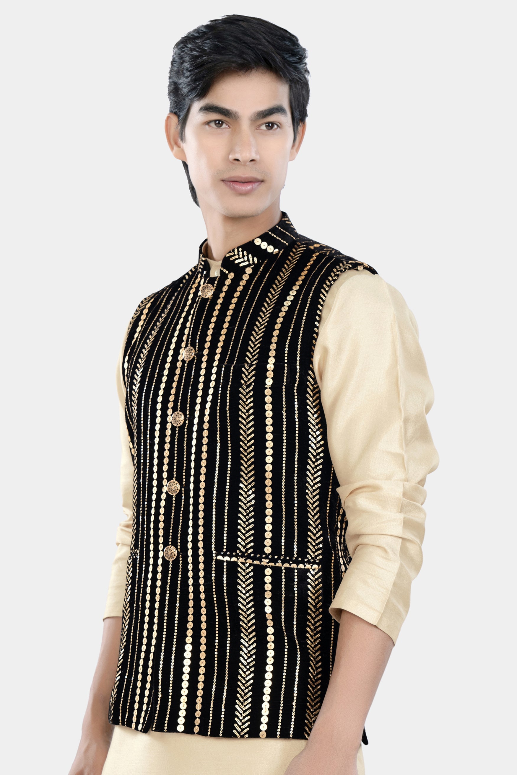 Jade Black Vertical Sequin Embroidered Designer Nehru Jacket