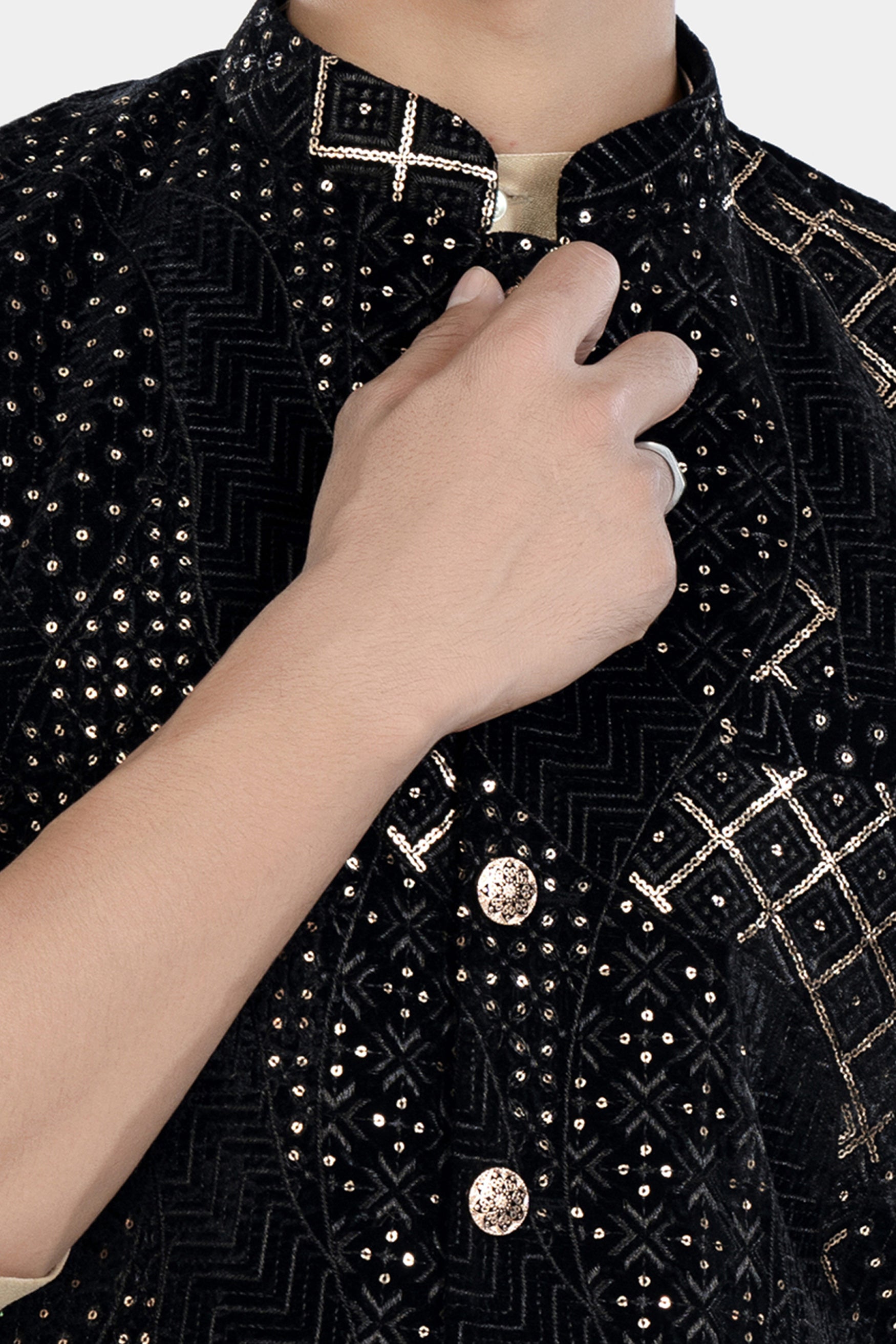 Jade Black Thread and Sequin Embroidered Designer Nehru Jacket
