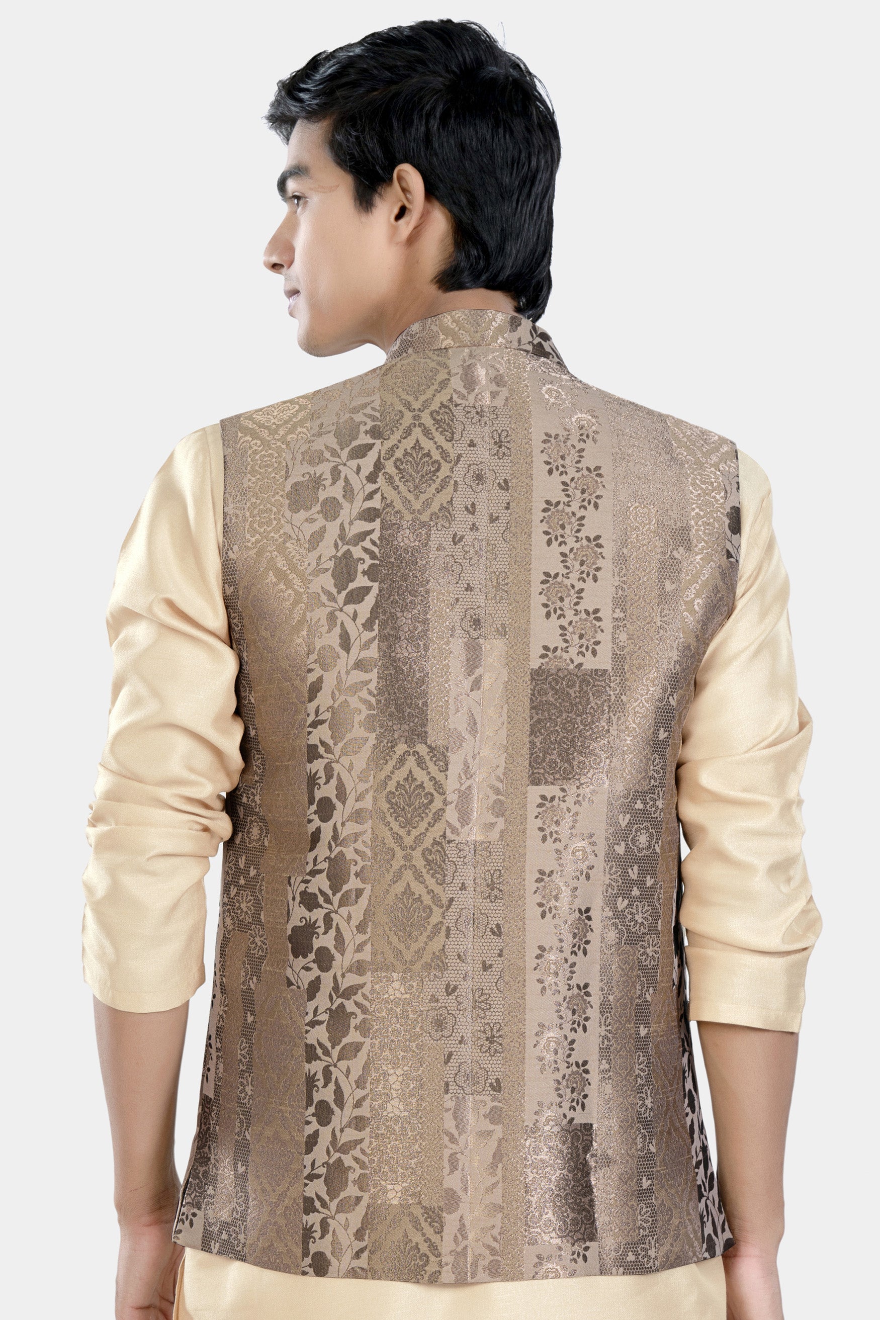 Cashmere and Sandrift Brown Floral Jacquard Textured Designer Nehru Jacket