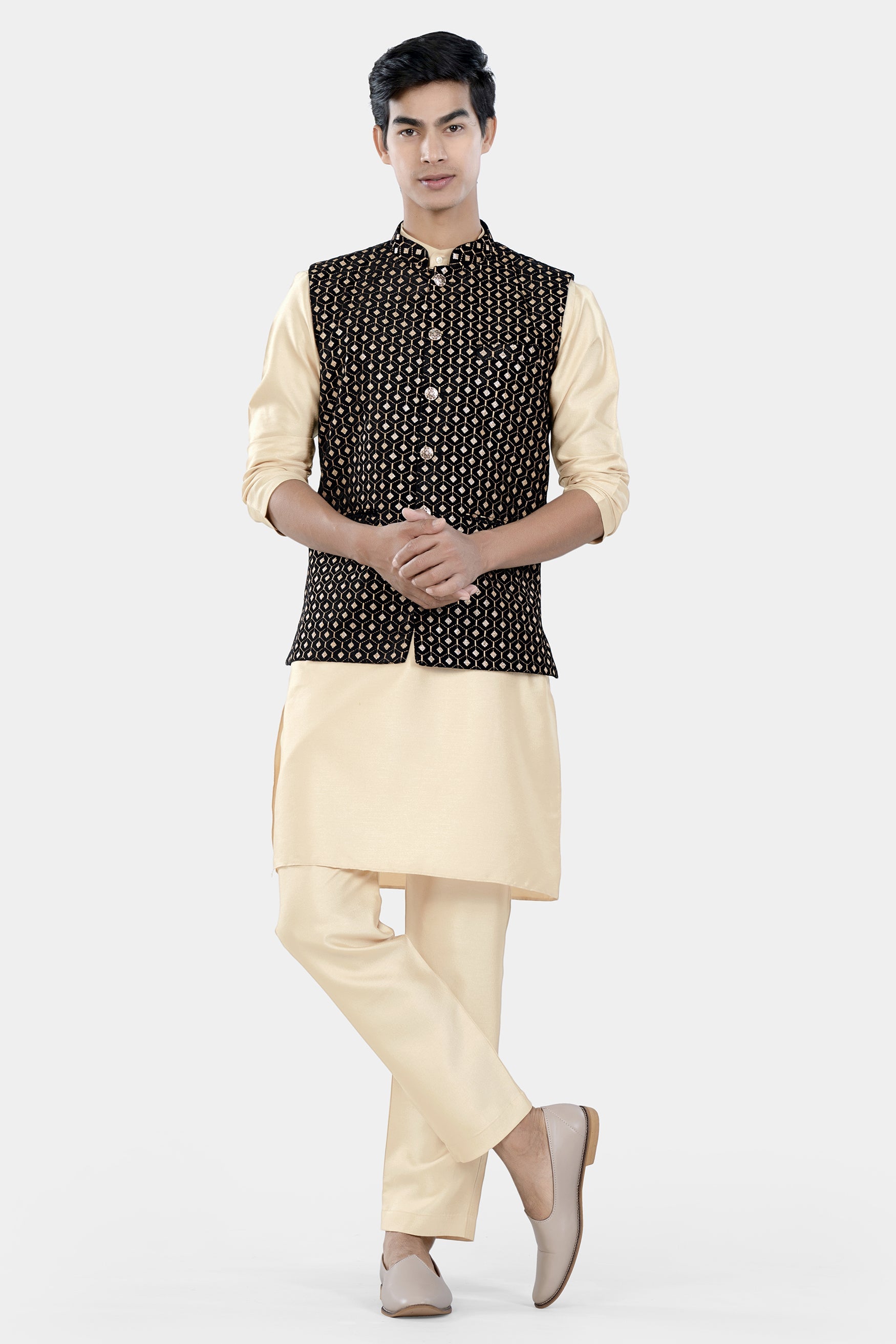 Jade Black and Fawn Brown Hexagon Thread and Sequin Embroidered Designer Nehru Jacket