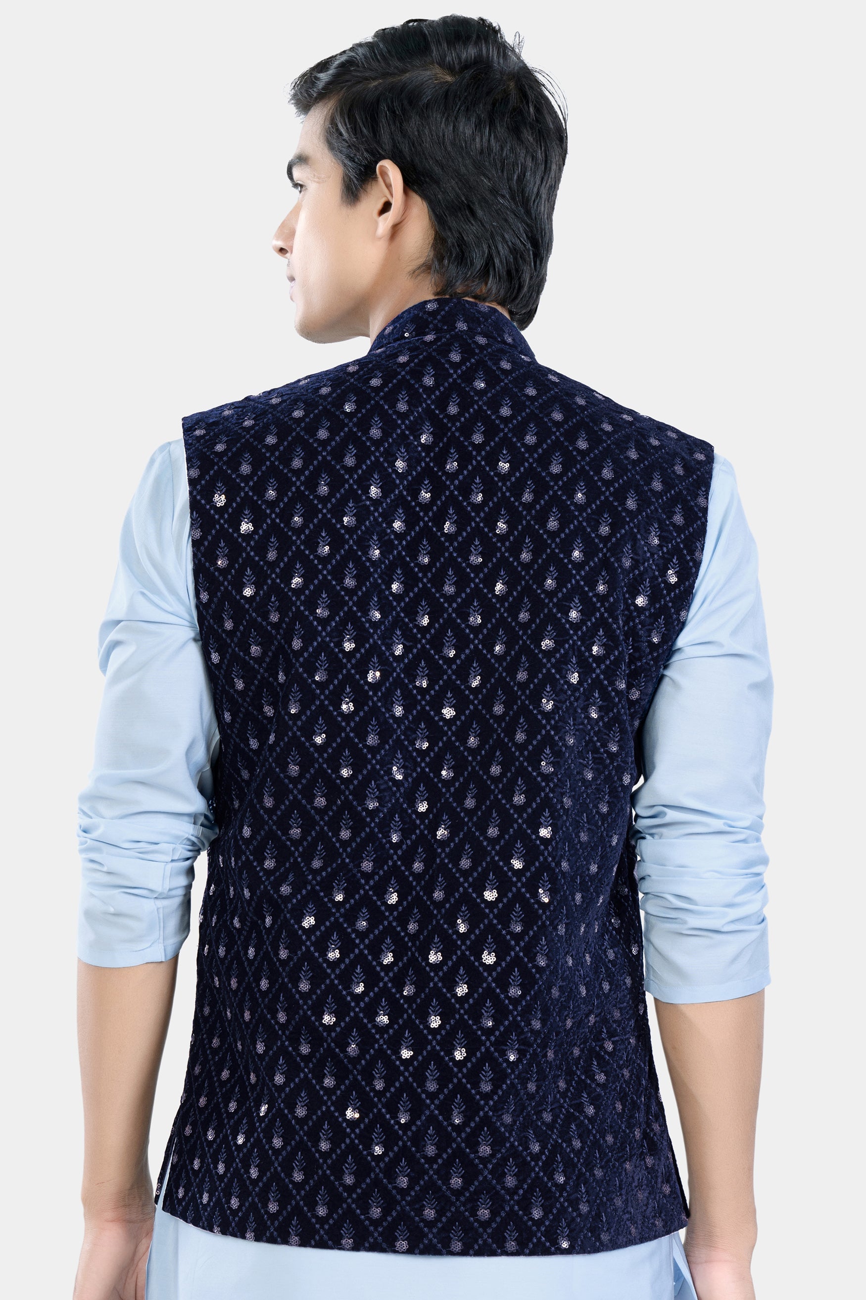 Haiti and Rhino Blue Geometric Thread and Sequin Embroidered Designer Nehru Jacket