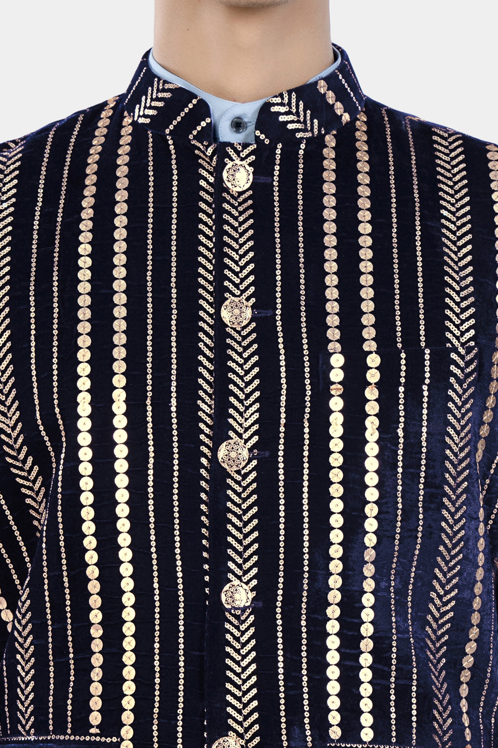 Stratos Blue Vertical Sequin Embroidered Designer Nehru Jacket