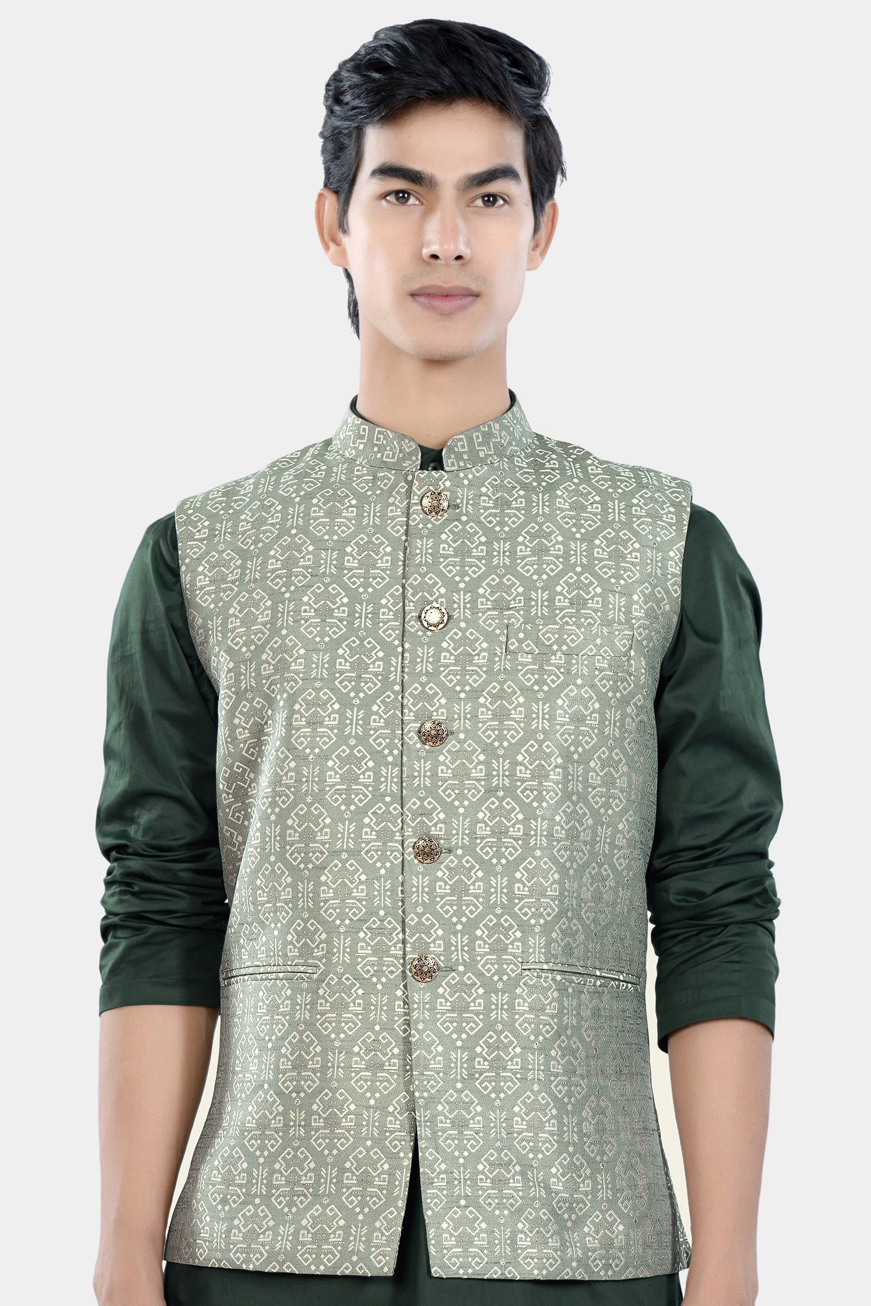 Pumice Green and White Jacquard Textured Designer Nehru Jacket WC3455-36,  WC3455-38,  WC3455-40,  WC3455-42,  WC3455-44,  WC3455-46,  WC3455-48,  WC3455-50,  WC3455-52,  WC3455-54,  WC3455-56,  WC3455-58,  WC3455-60