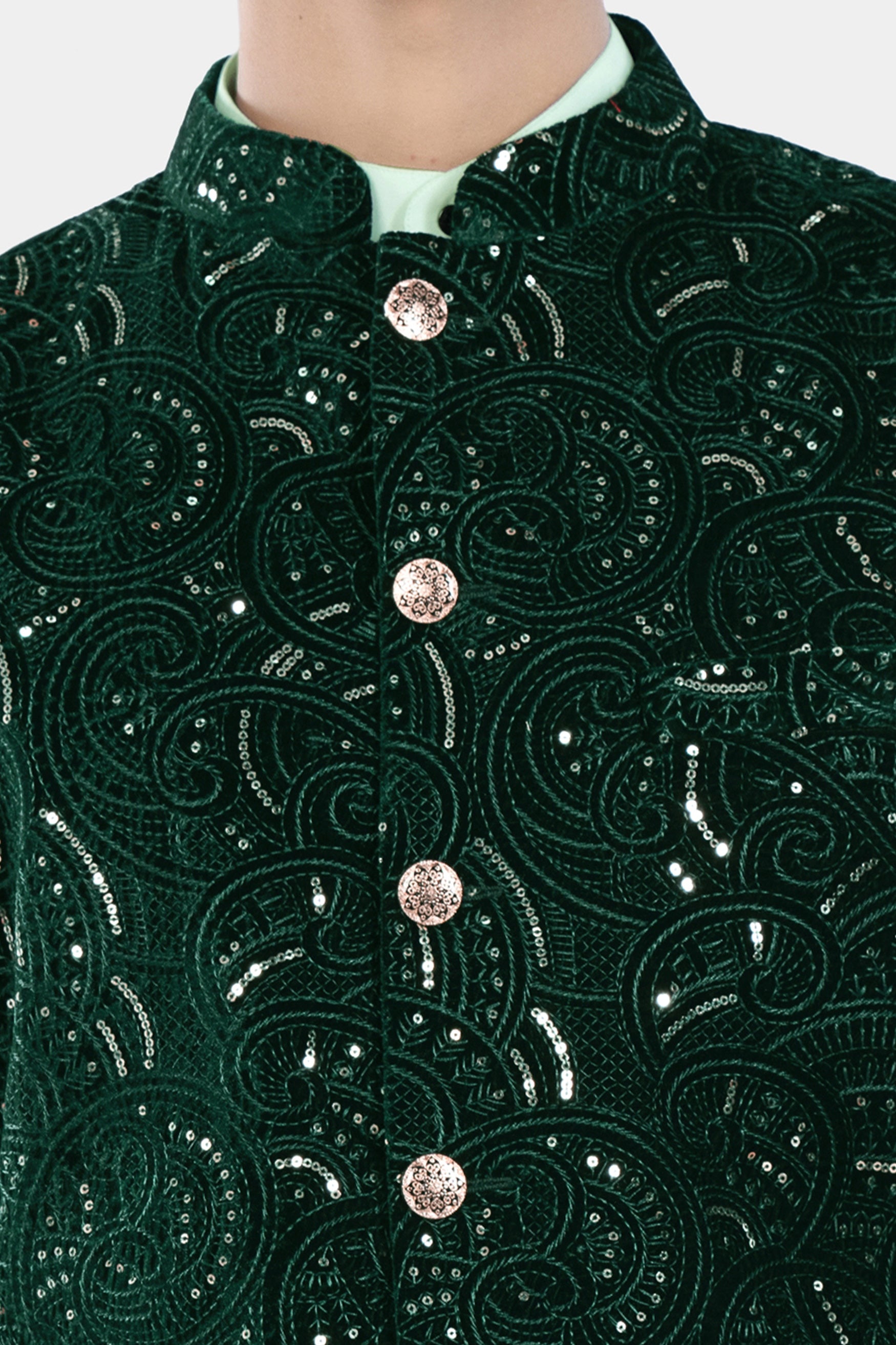 Palm and Jewel Green Sequin and Thread Embroidered Designer Nehru Jacket WC3457-36,  WC3457-38,  WC3457-40,  WC3457-42,  WC3457-44,  WC3457-46,  WC3457-48,  WC3457-50,  WC3457-52,  WC3457-54,  WC3457-56,  WC3457-58,  WC3457-60