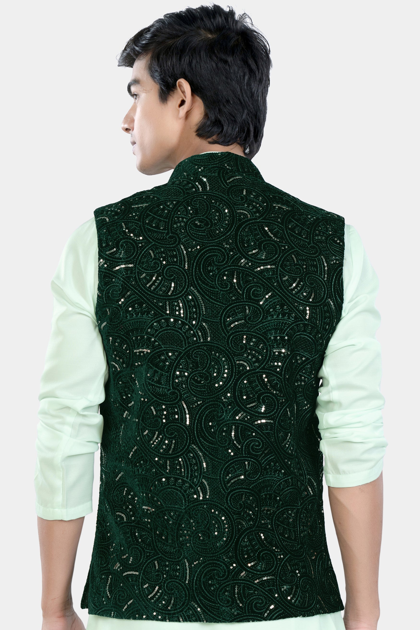 Palm and Jewel Green Sequin and Thread Embroidered Designer Nehru Jacket WC3457-36,  WC3457-38,  WC3457-40,  WC3457-42,  WC3457-44,  WC3457-46,  WC3457-48,  WC3457-50,  WC3457-52,  WC3457-54,  WC3457-56,  WC3457-58,  WC3457-60