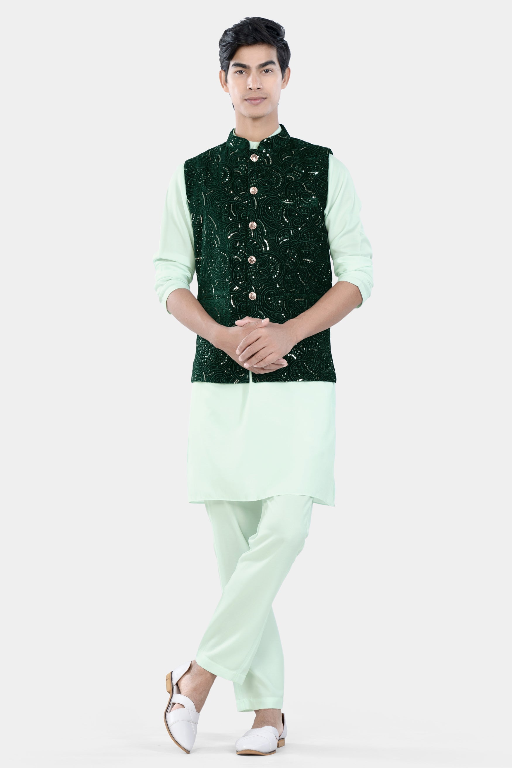 Palm and Jewel Green Sequin and Thread Embroidered Designer Nehru Jacket WC3457-36,  WC3457-38,  WC3457-40,  WC3457-42,  WC3457-44,  WC3457-46,  WC3457-48,  WC3457-50,  WC3457-52,  WC3457-54,  WC3457-56,  WC3457-58,  WC3457-60