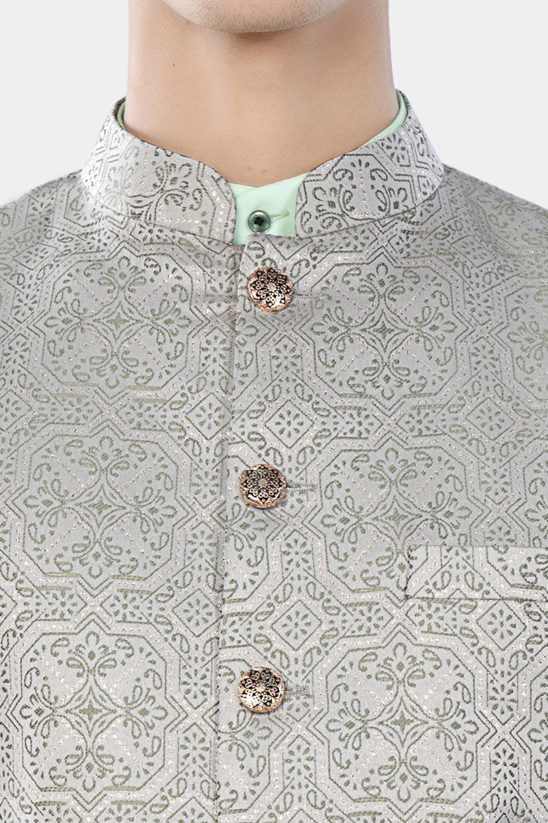 Gainsboro Gray and Sage Green Geometric Jacquard Textured Designer Nehru Jacket WC3458-36,  WC3458-38,  WC3458-40,  WC3458-42,  WC3458-44,  WC3458-46,  WC3458-48,  WC3458-50,  WC3458-52,  WC3458-54,  WC3458-56,  WC3458-58,  WC3458-60