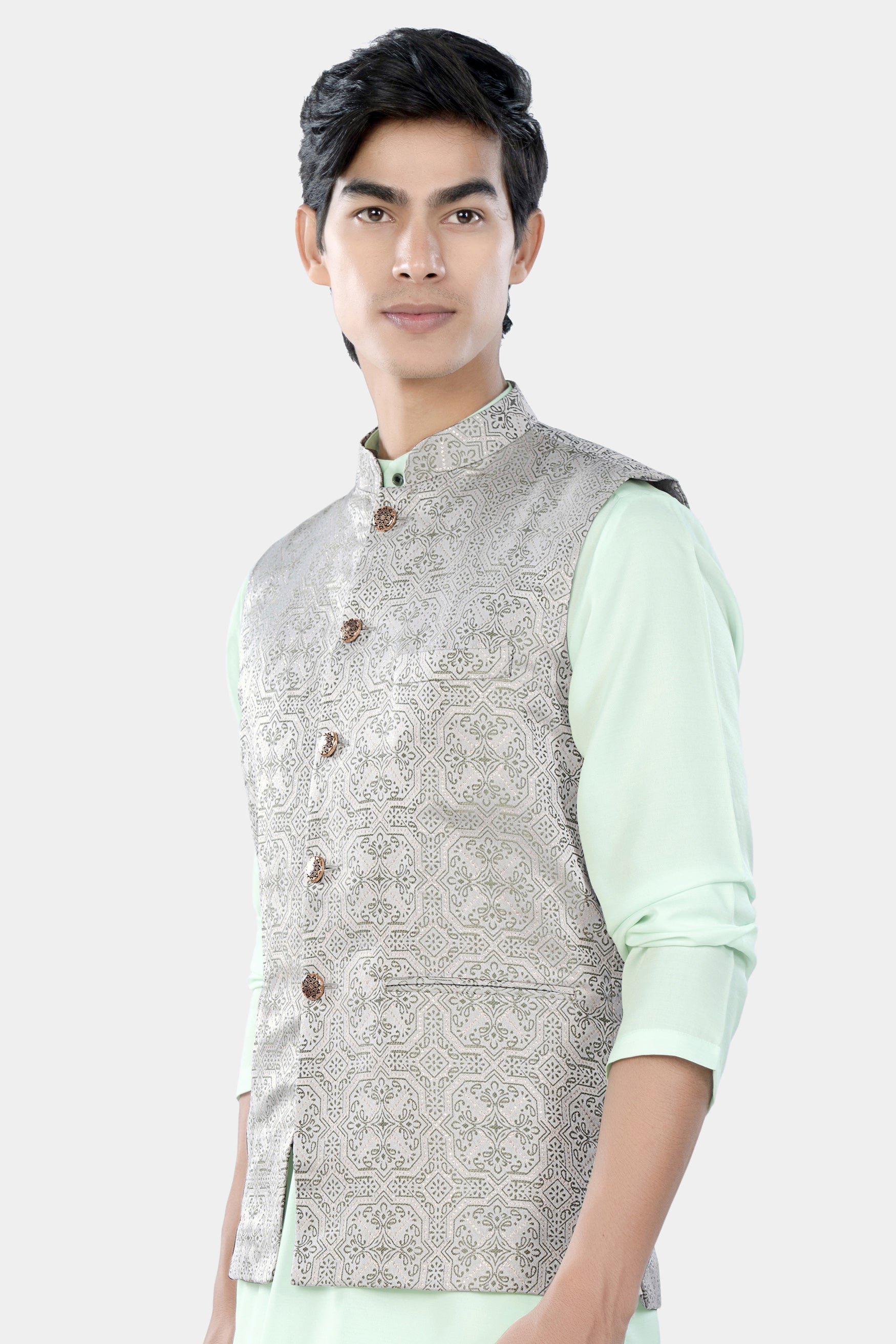 Gainsboro Gray and Sage Green Geometric Jacquard Textured Designer Nehru Jacket WC3458-36,  WC3458-38,  WC3458-40,  WC3458-42,  WC3458-44,  WC3458-46,  WC3458-48,  WC3458-50,  WC3458-52,  WC3458-54,  WC3458-56,  WC3458-58,  WC3458-60