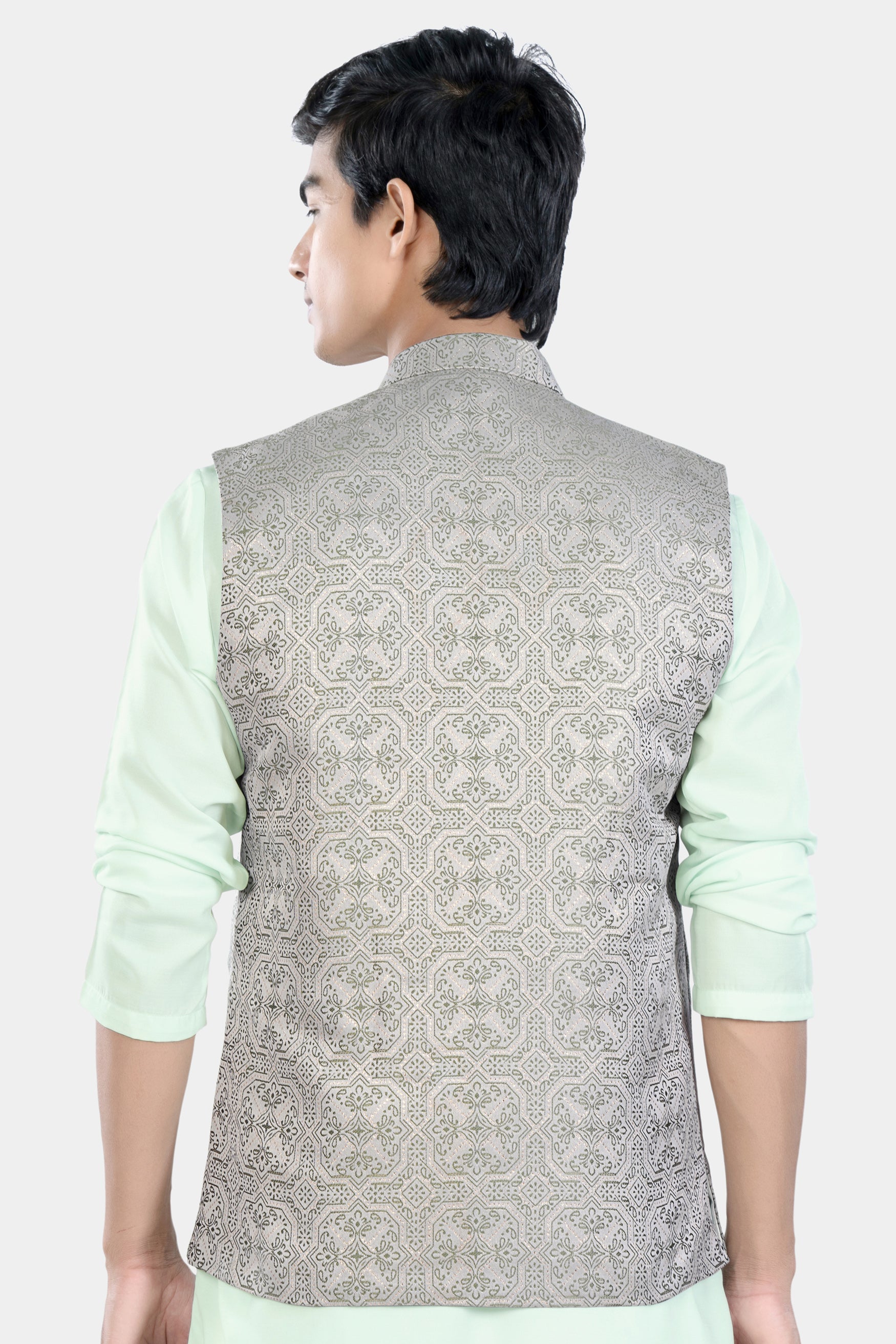 Gainsboro Gray and Sage Green Geometric Jacquard Textured Designer Nehru Jacket WC3458-36,  WC3458-38,  WC3458-40,  WC3458-42,  WC3458-44,  WC3458-46,  WC3458-48,  WC3458-50,  WC3458-52,  WC3458-54,  WC3458-56,  WC3458-58,  WC3458-60