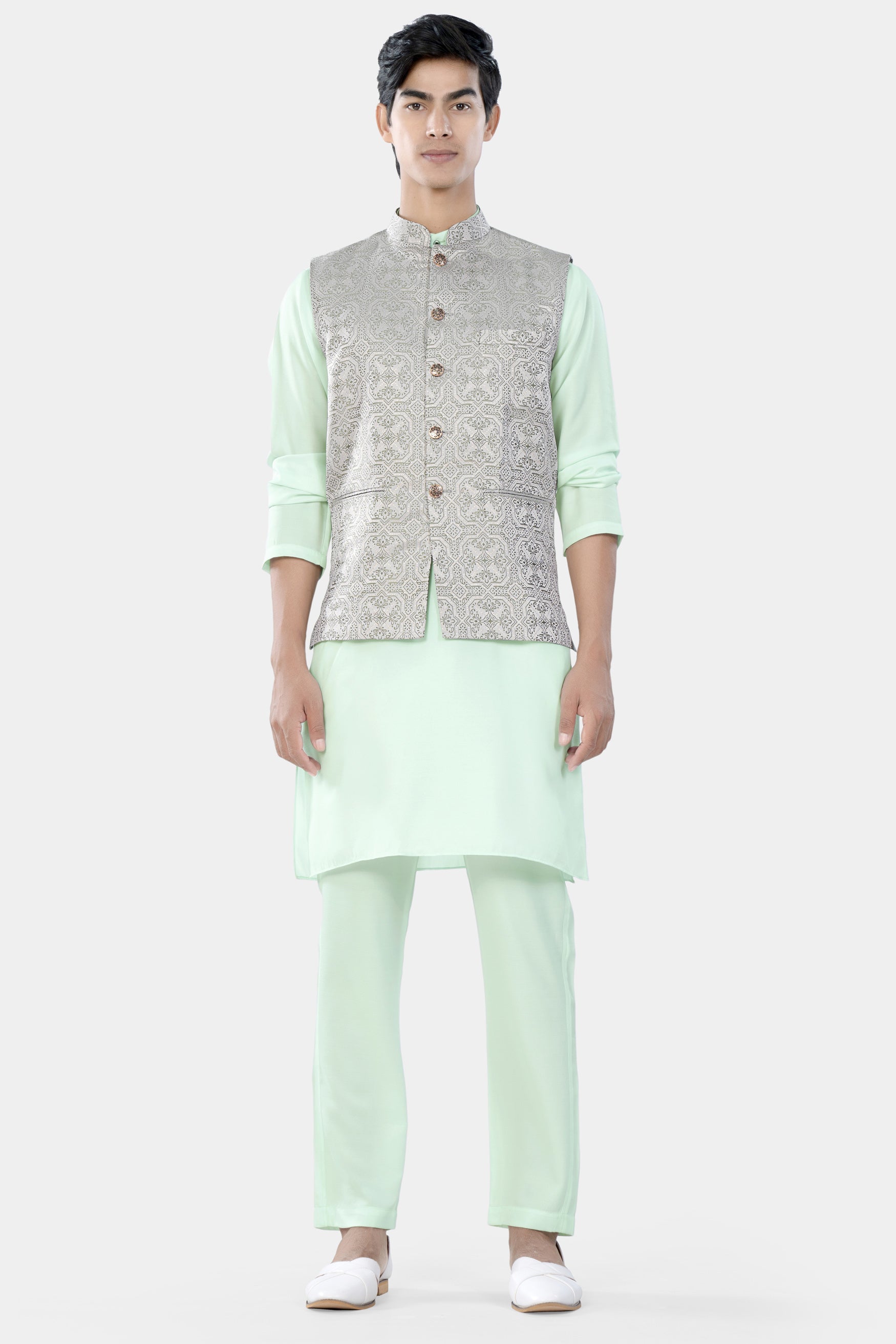 Gainsboro Gray and Sage Green Geometric Jacquard Textured Designer Nehru Jacket WC3458-36,  WC3458-38,  WC3458-40,  WC3458-42,  WC3458-44,  WC3458-46,  WC3458-48,  WC3458-50,  WC3458-52,  WC3458-54,  WC3458-56,  WC3458-58,  WC3458-60