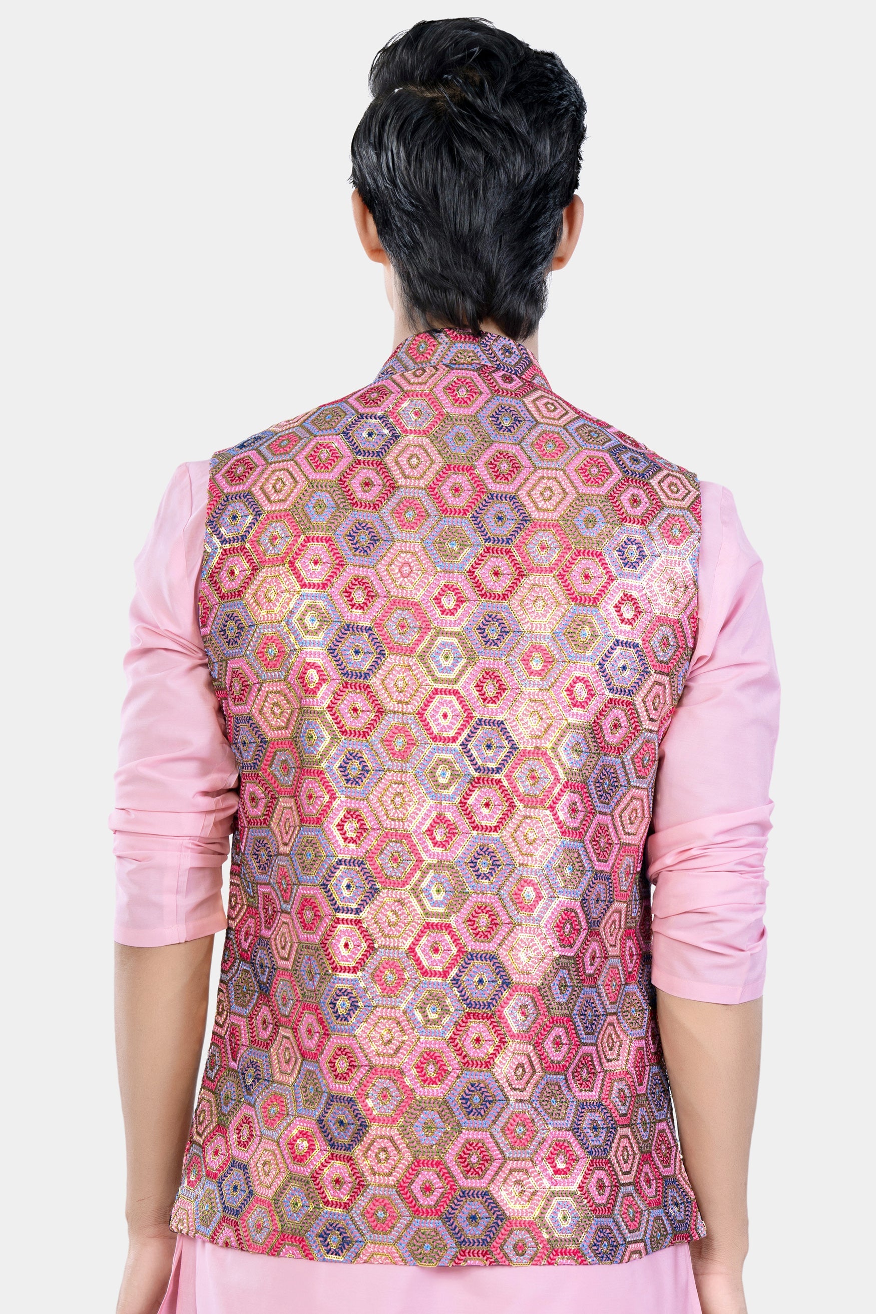Radical Pink and Rhino Blue Multicolour Honeycomb Sequin and Thread Embroidered Designer Nehru Jacket WC3469-36,  WC3469-38,  WC3469-40,  WC3469-42,  WC3469-44,  WC3469-46,  WC3469-48,  WC3469-50,  WC3469-52,  WC3469-54,  WC3469-56,  WC3469-58,  WC3469-60