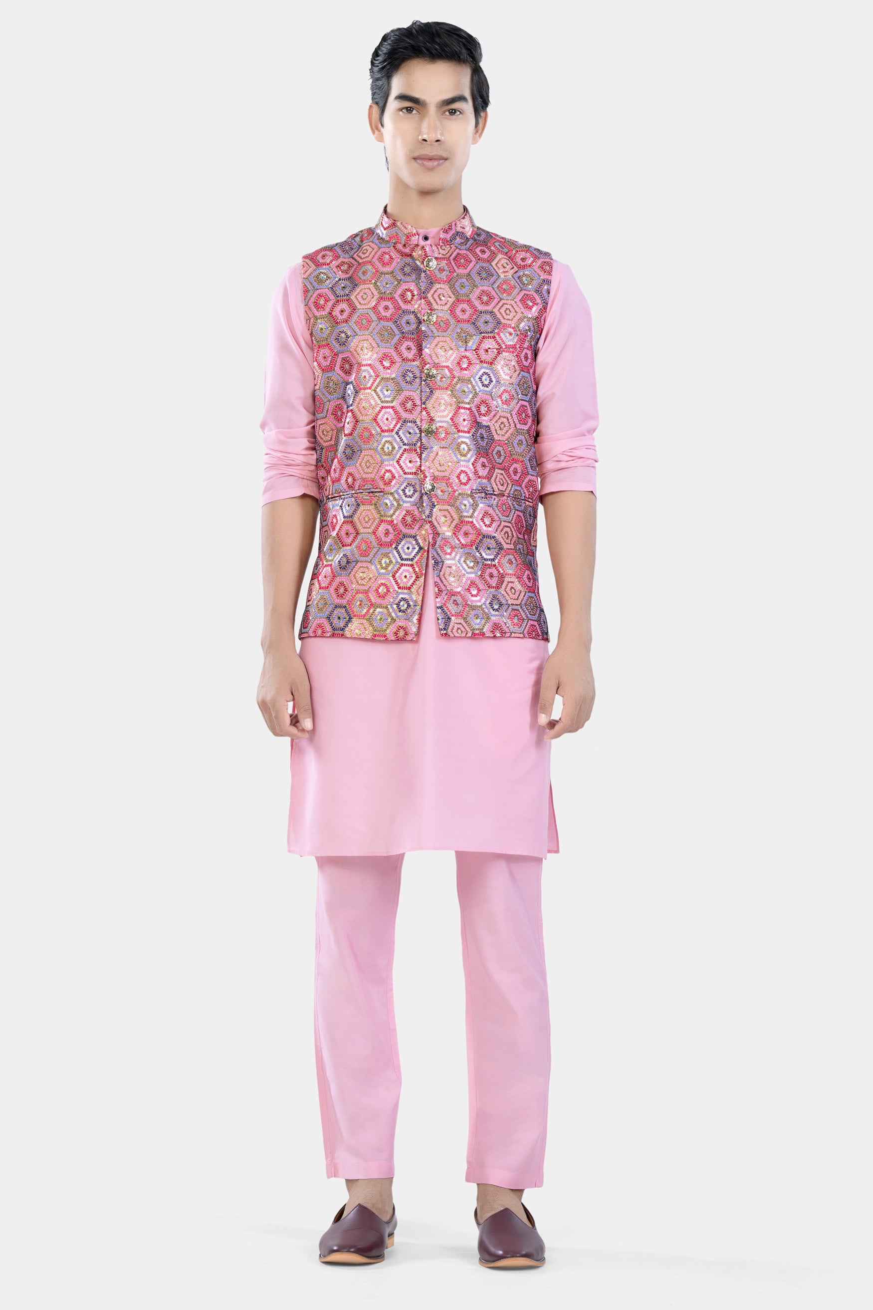 Radical Pink and Rhino Blue Multicolour Honeycomb Sequin and Thread Embroidered Designer Nehru Jacket WC3469-36,  WC3469-38,  WC3469-40,  WC3469-42,  WC3469-44,  WC3469-46,  WC3469-48,  WC3469-50,  WC3469-52,  WC3469-54,  WC3469-56,  WC3469-58,  WC3469-60