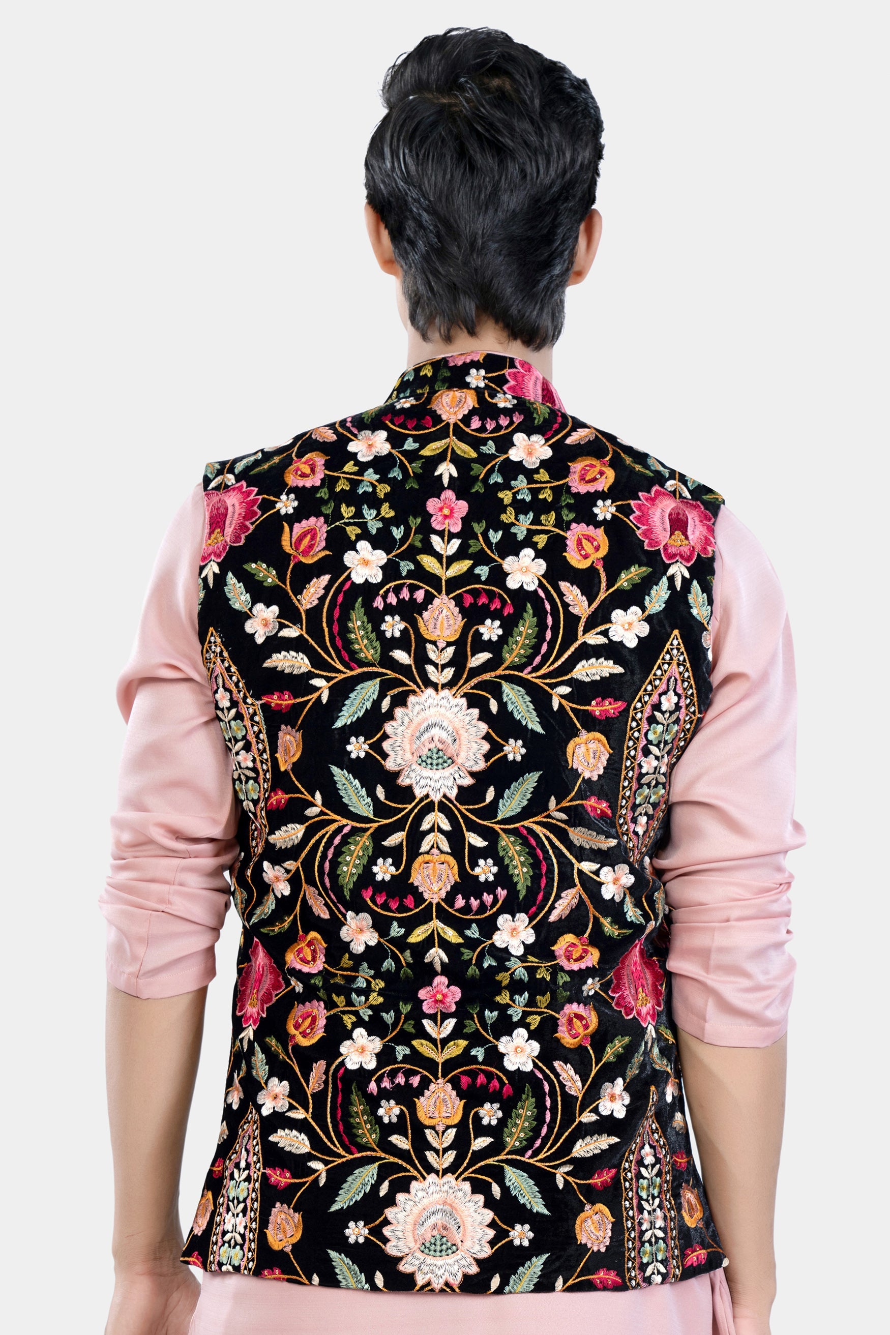 Jade Black and Carmine Pink Multicolour Floral Thread Embroidered Designer Nehru Jacket WC3471-36,  WC3471-38,  WC3471-40,  WC3471-42,  WC3471-44,  WC3471-46,  WC3471-48,  WC3471-50,  WC3471-52,  WC3471-54,  WC3471-56,  WC3471-58,  WC3471-60