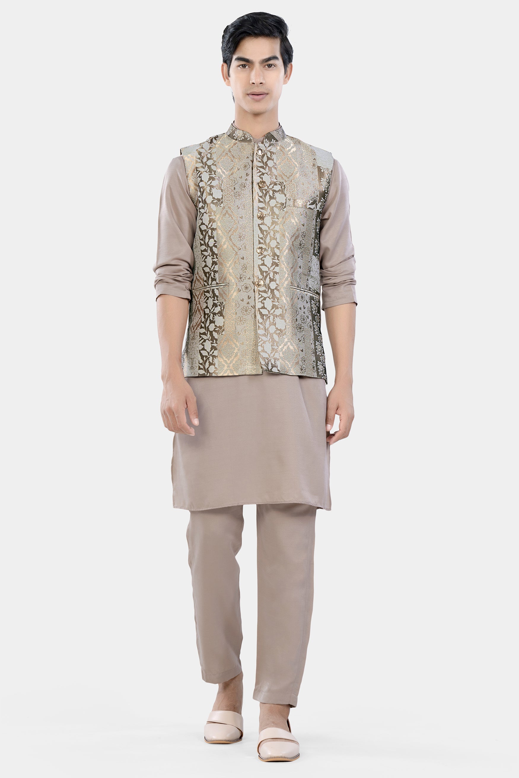 Nomad and Armadillo Brown Geometric Jacquard Textured Designer Nehru Jacket WC3478-36,  WC3478-38,  WC3478-40,  WC3478-42,  WC3478-44,  WC3478-46,  WC3478-48,  WC3478-50,  WC3478-52,  WC3478-54,  WC3478-56,  WC3478-58,  WC3478-60