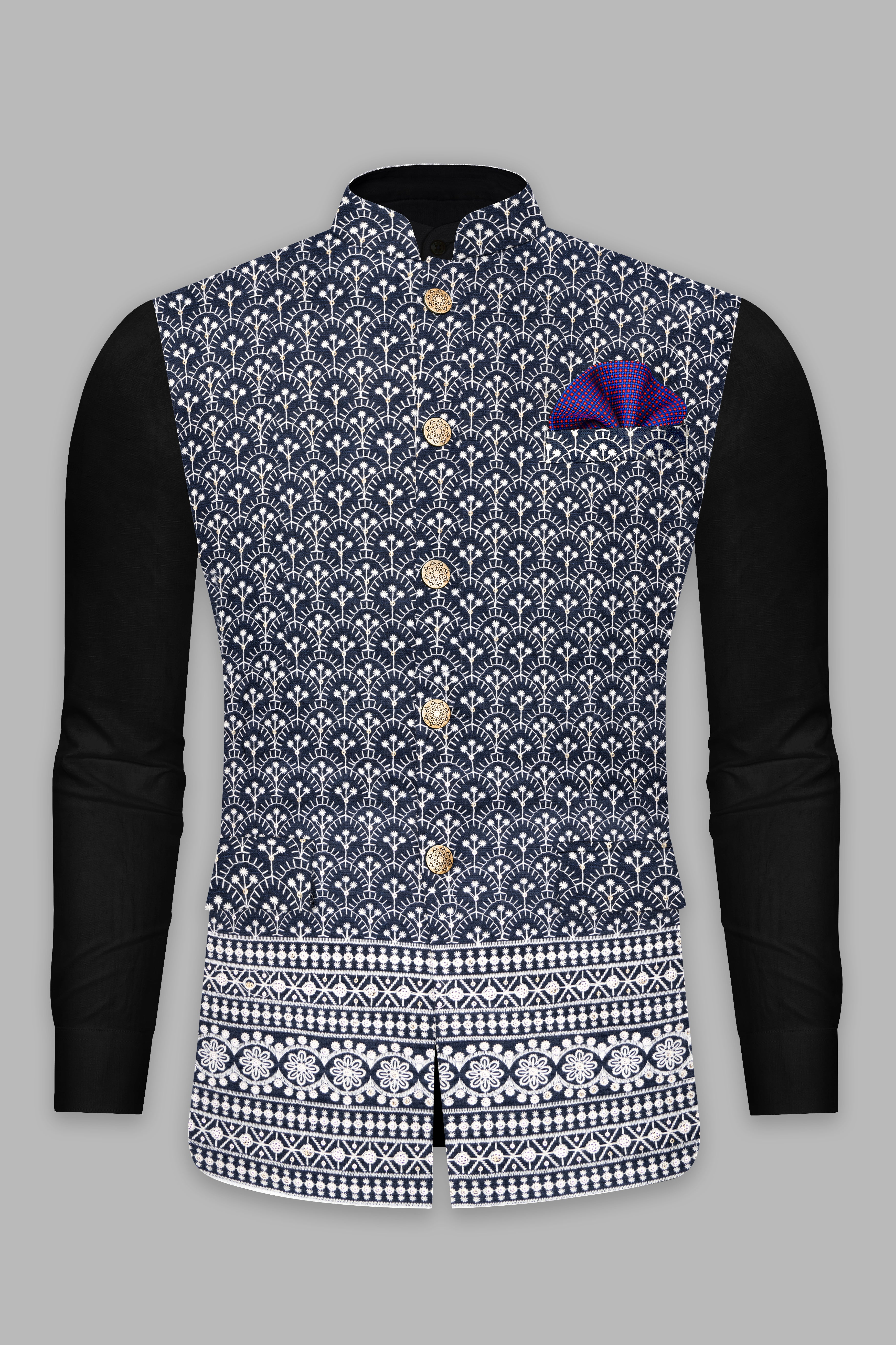 Cloud Blue and White Thread Embroidered Nehru Jacket WC3508-36,  WC3508-38,  WC3508-40,  WC3508-42,  WC3508-44,  WC3508-46,  WC3508-48,  WC3508-50,  WC3508-52,  WC3508-54,  WC3508-56,  WC3508-58,  WC3508-60