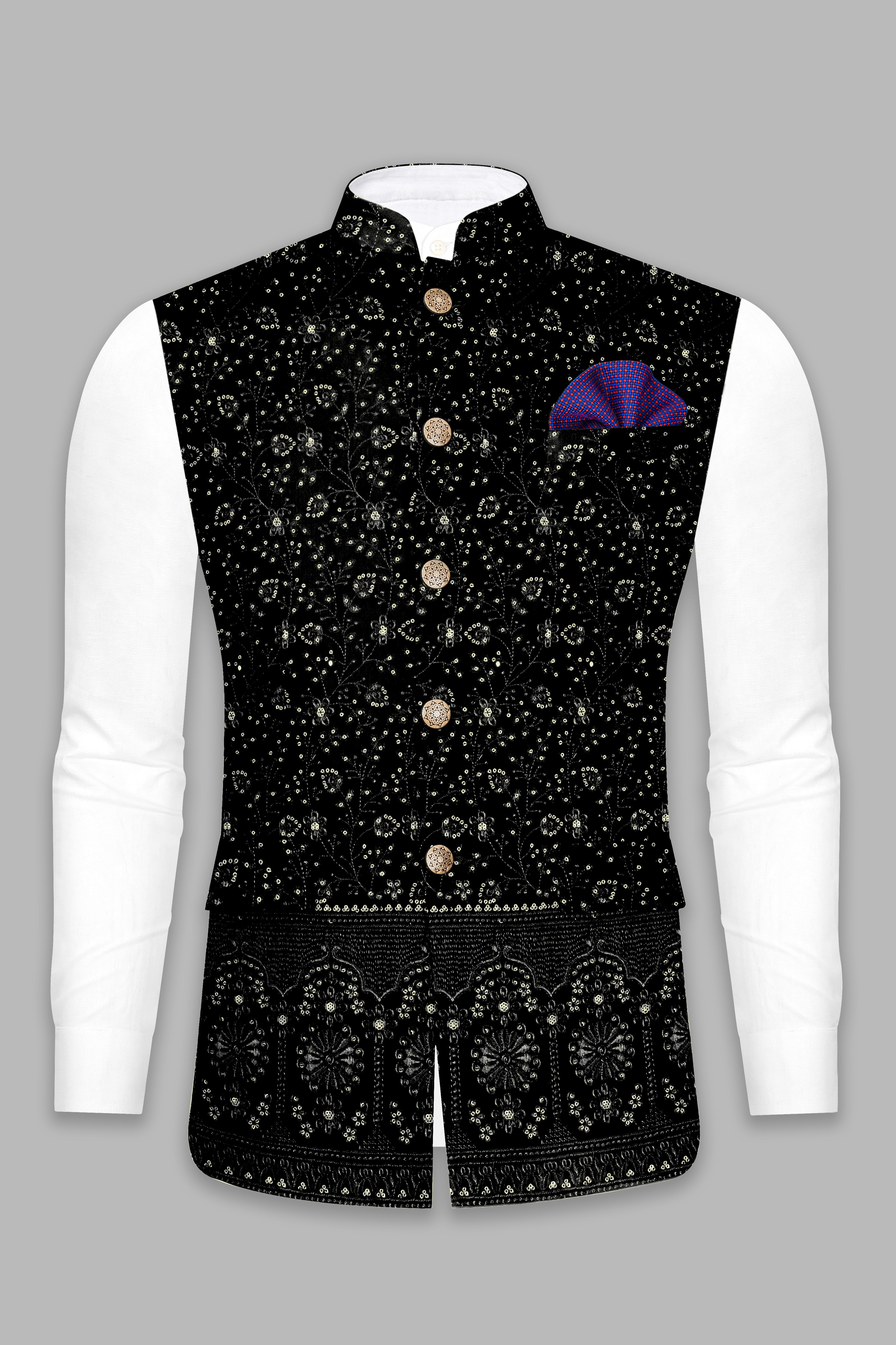 Jade Black Floral Thread and Sequin Embroidered Nehru Jacket WC3526-36,  WC3526-38,  WC3526-40,  WC3526-42,  WC3526-44,  WC3526-46,  WC3526-48,  WC3526-50,  WC3526-52,  WC3526-54,  WC3526-56,  WC3526-58,  WC3526-60