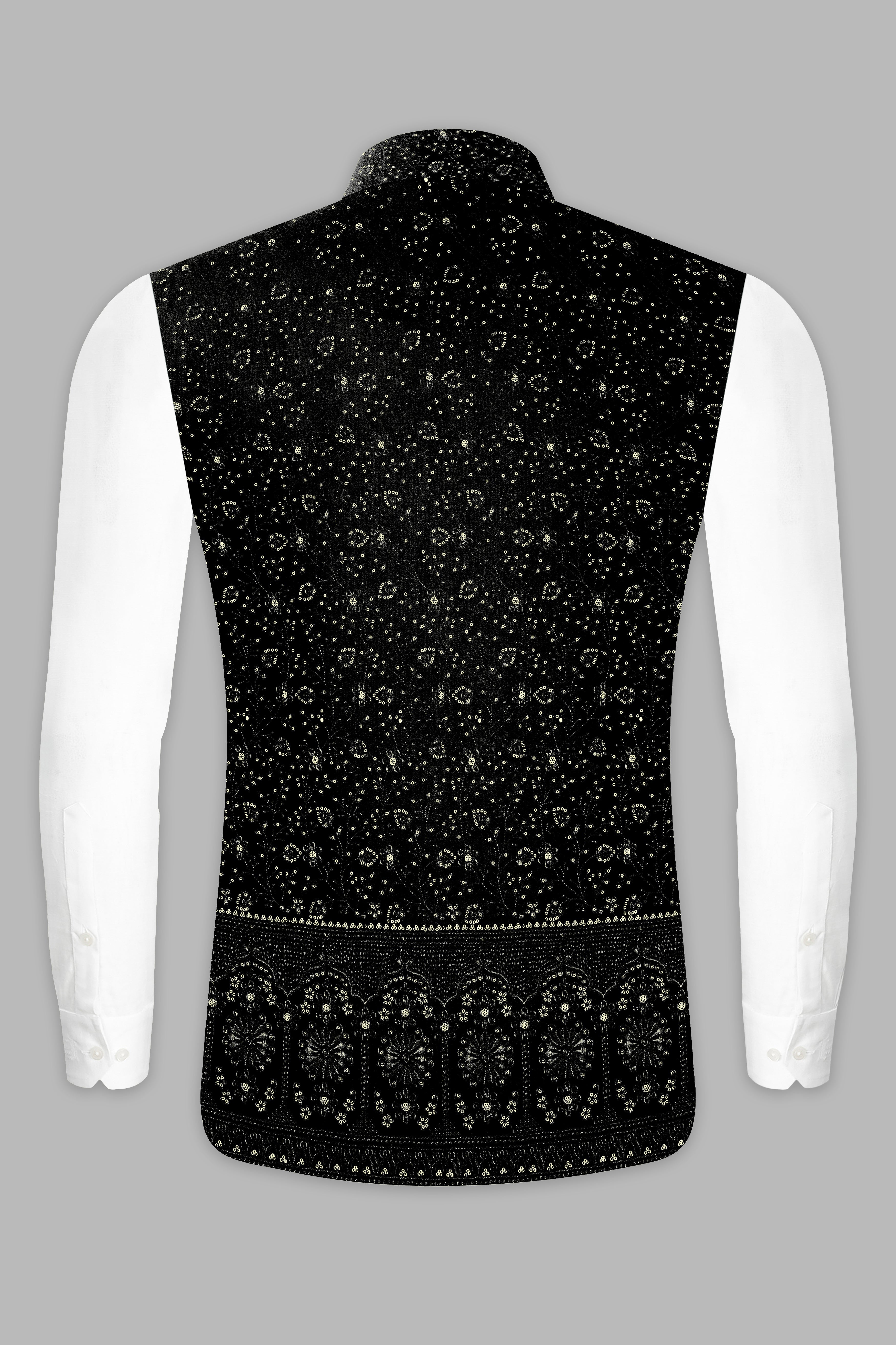 Jade Black Floral Thread and Sequin Embroidered Nehru Jacket WC3526-36,  WC3526-38,  WC3526-40,  WC3526-42,  WC3526-44,  WC3526-46,  WC3526-48,  WC3526-50,  WC3526-52,  WC3526-54,  WC3526-56,  WC3526-58,  WC3526-60