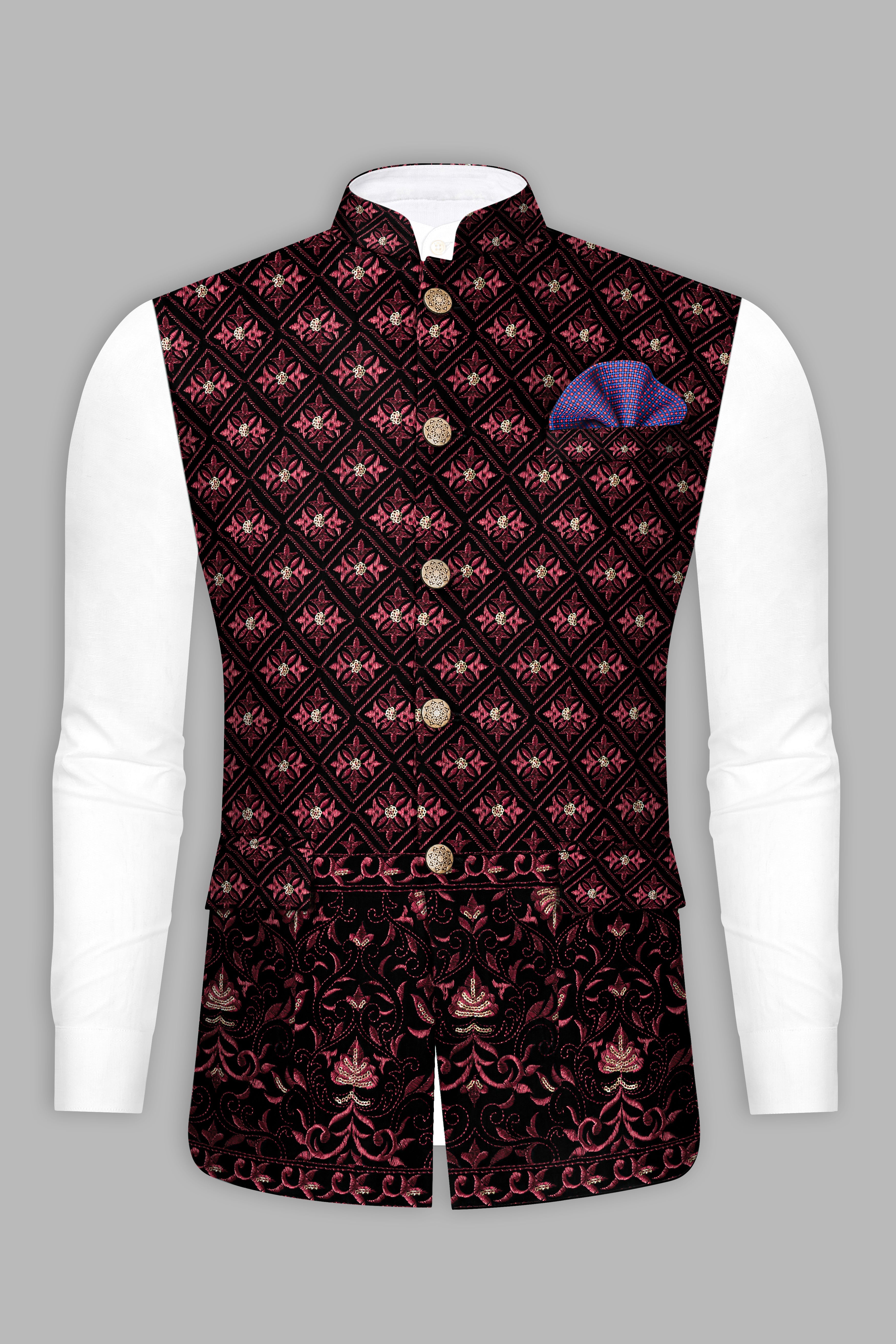 Jade Black and Cordovan Maroon Geometric Thread and Sequin Embroidered Nehru Jacket WC3531-36,  WC3531-38,  WC3531-40,  WC3531-42,  WC3531-44,  WC3531-46,  WC3531-48,  WC3531-50,  WC3531-52,  WC3531-54,  WC3531-56,  WC3531-58,  WC3531-60