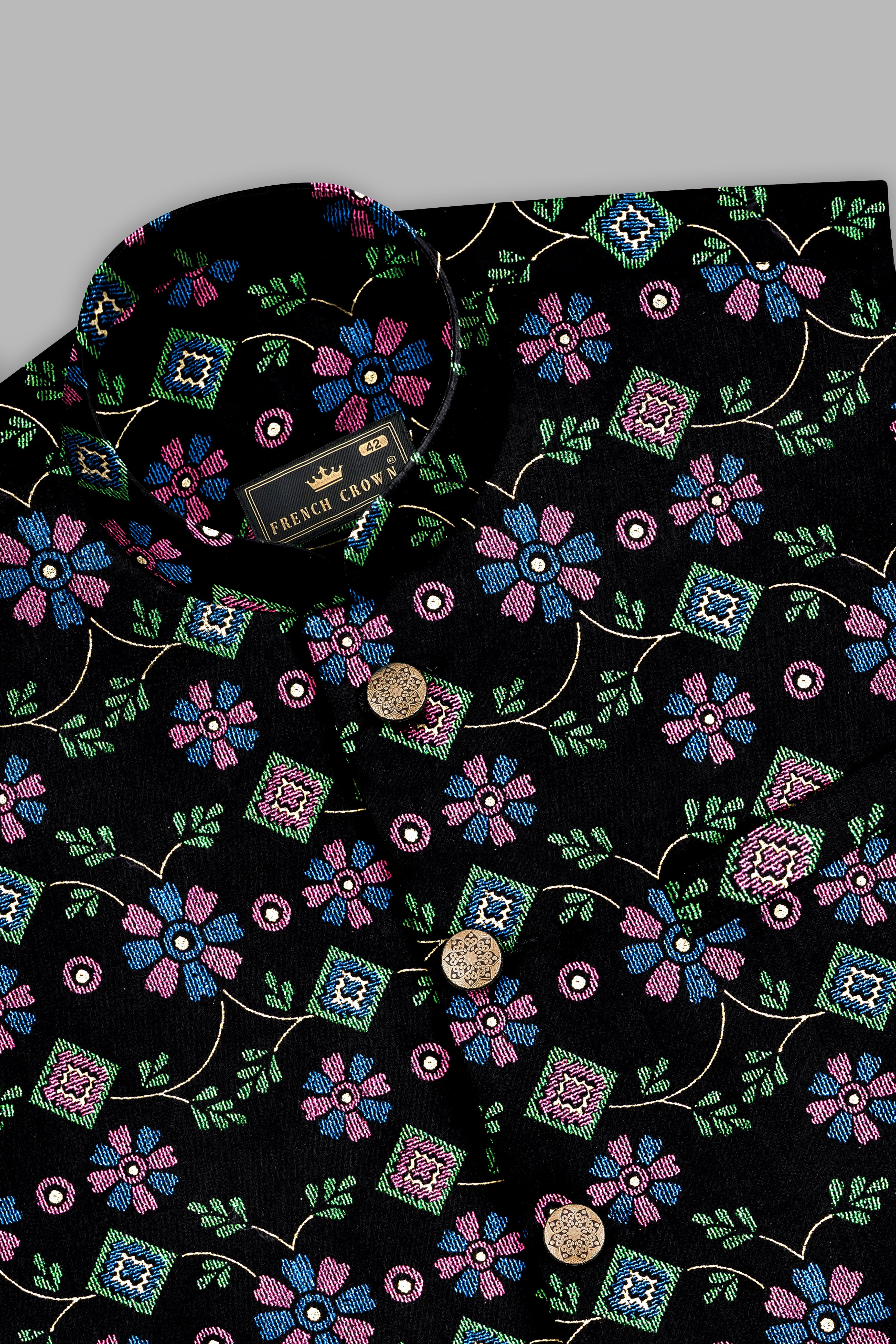Jade Black and Glade Green Multicolour Floral Jacquard Weave Nehru Jacket WC3532-36,  WC3532-38,  WC3532-40,  WC3532-42,  WC3532-44,  WC3532-46,  WC3532-48,  WC3532-50,  WC3532-52,  WC3532-54,  WC3532-56,  WC3532-58,  WC3532-60