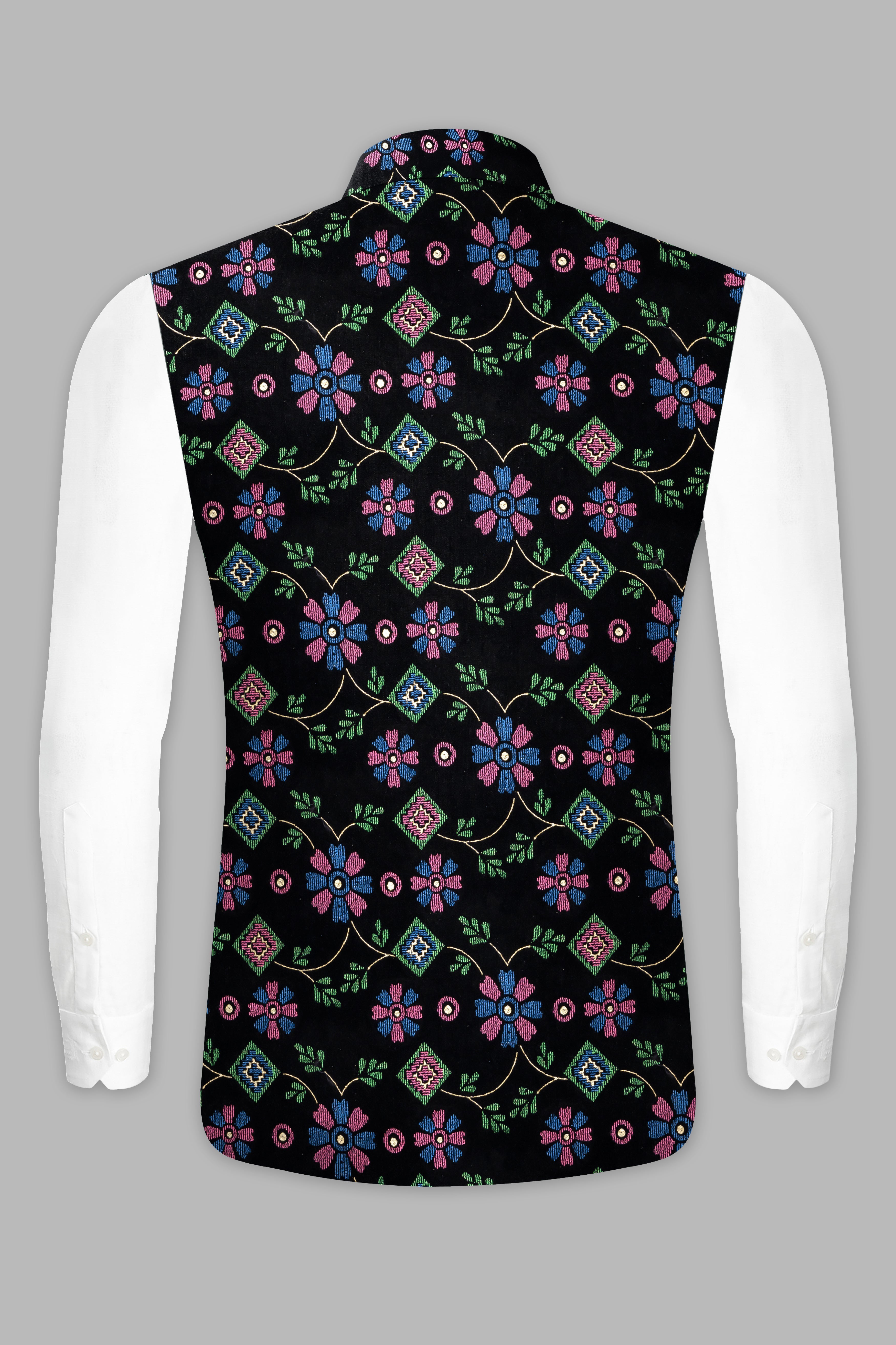 Jade Black and Glade Green Multicolour Floral Jacquard Weave Nehru Jacket WC3532-36,  WC3532-38,  WC3532-40,  WC3532-42,  WC3532-44,  WC3532-46,  WC3532-48,  WC3532-50,  WC3532-52,  WC3532-54,  WC3532-56,  WC3532-58,  WC3532-60