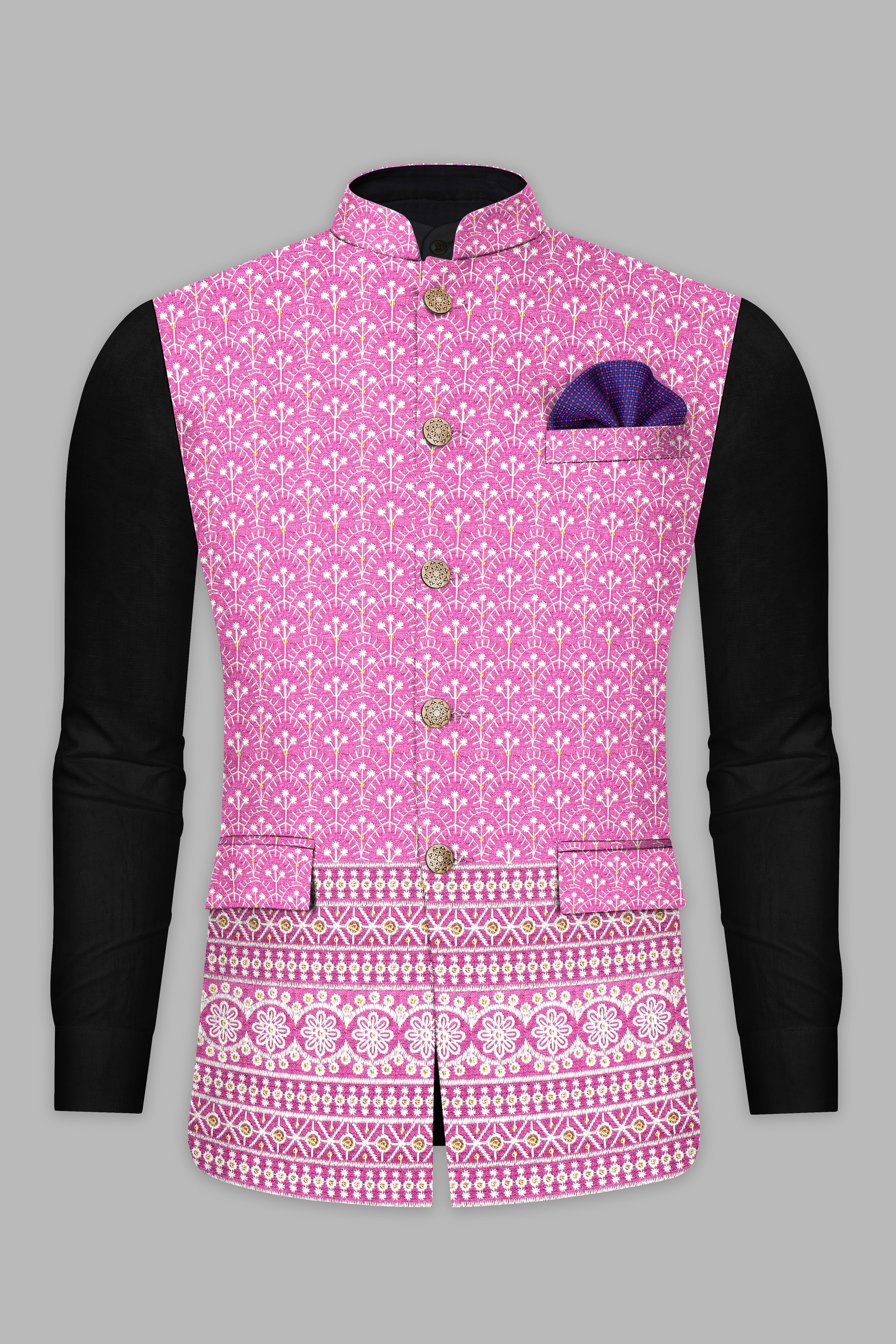 Bashful Pink and White Thread Embroidered Nehru Jacket WC3544-36,  WC3544-38,  WC3544-40,  WC3544-42,  WC3544-44,  WC3544-46,  WC3544-48,  WC3544-50,  WC3544-52,  WC3544-54,  WC3544-56,  WC3544-58,  WC3544-60