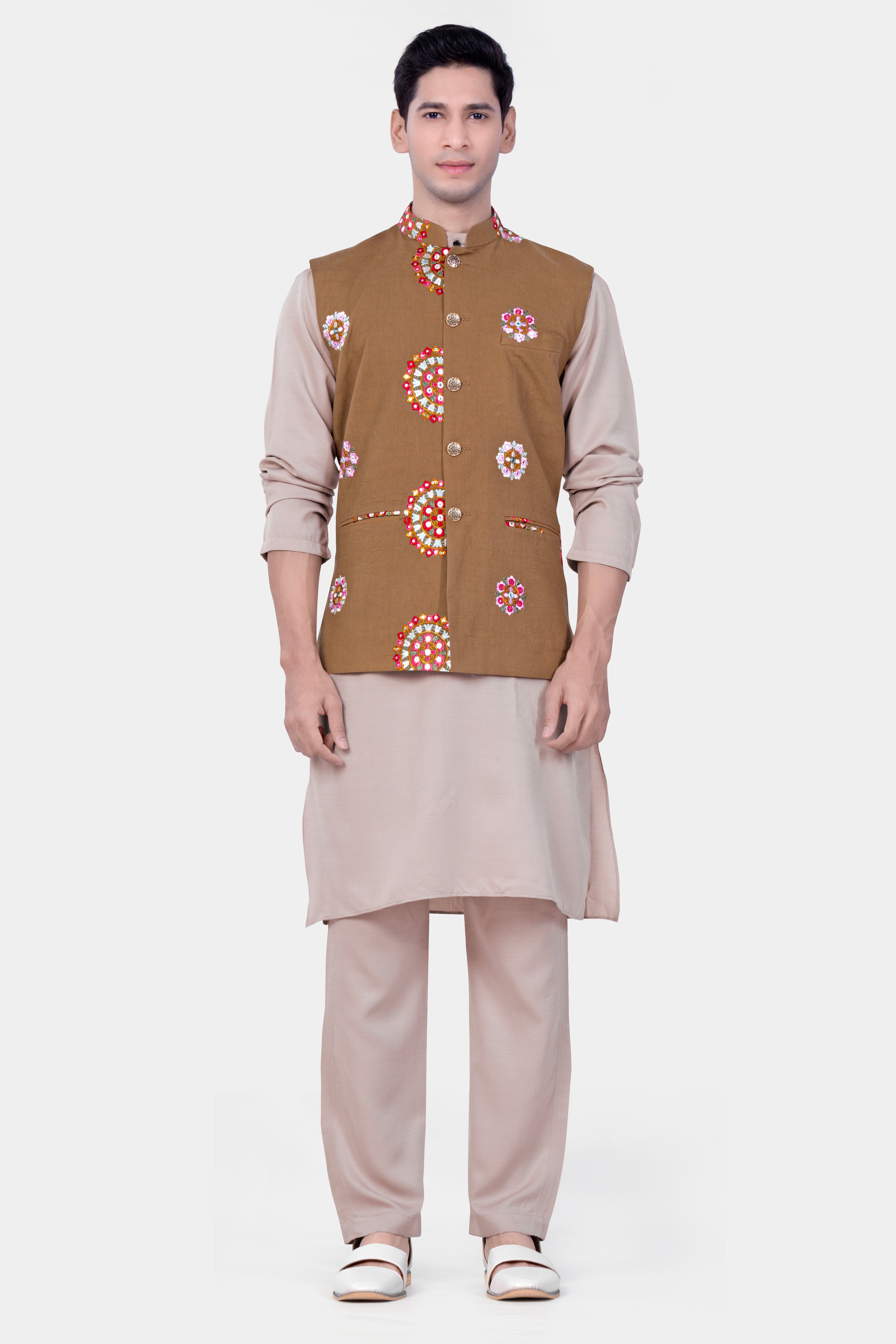 Spicy Mix Brown With Shisha work Embroidered Nehru Jacket