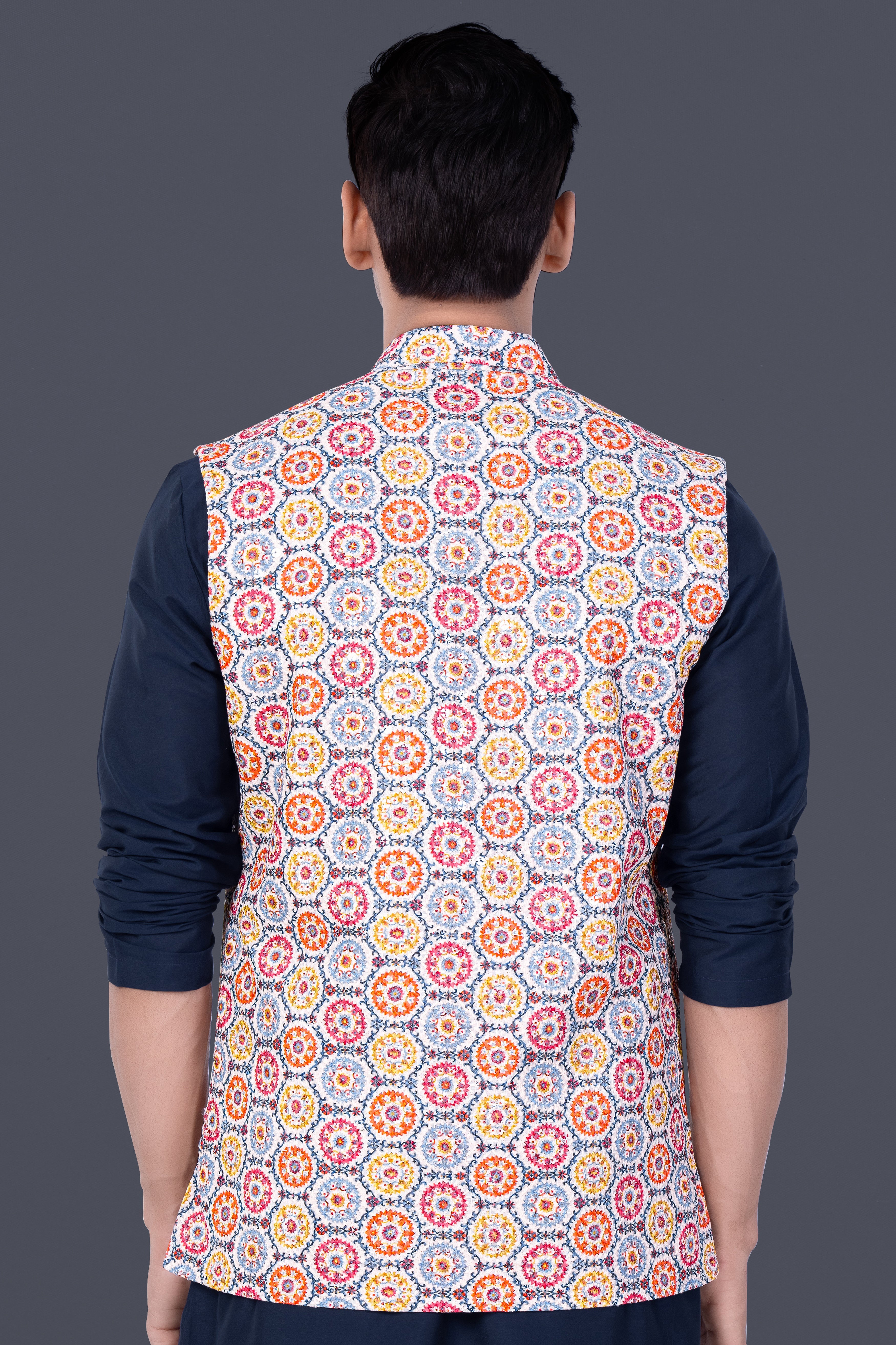 Bright White And Cyan Blue Multicolour Thread Embroidered Nehru Jacket