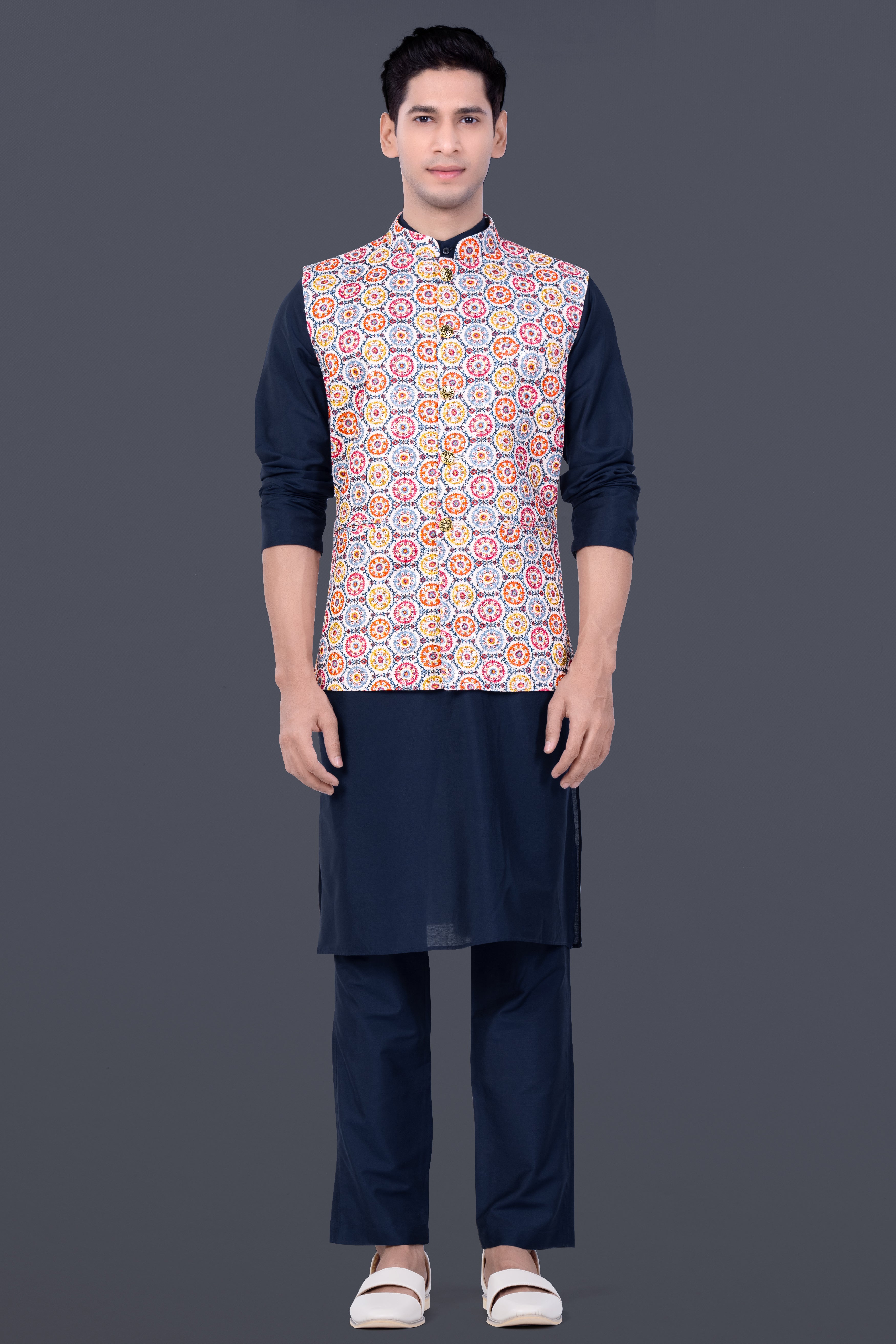 Bright White And Cyan Blue Multicolour Thread Embroidered Nehru Jacket