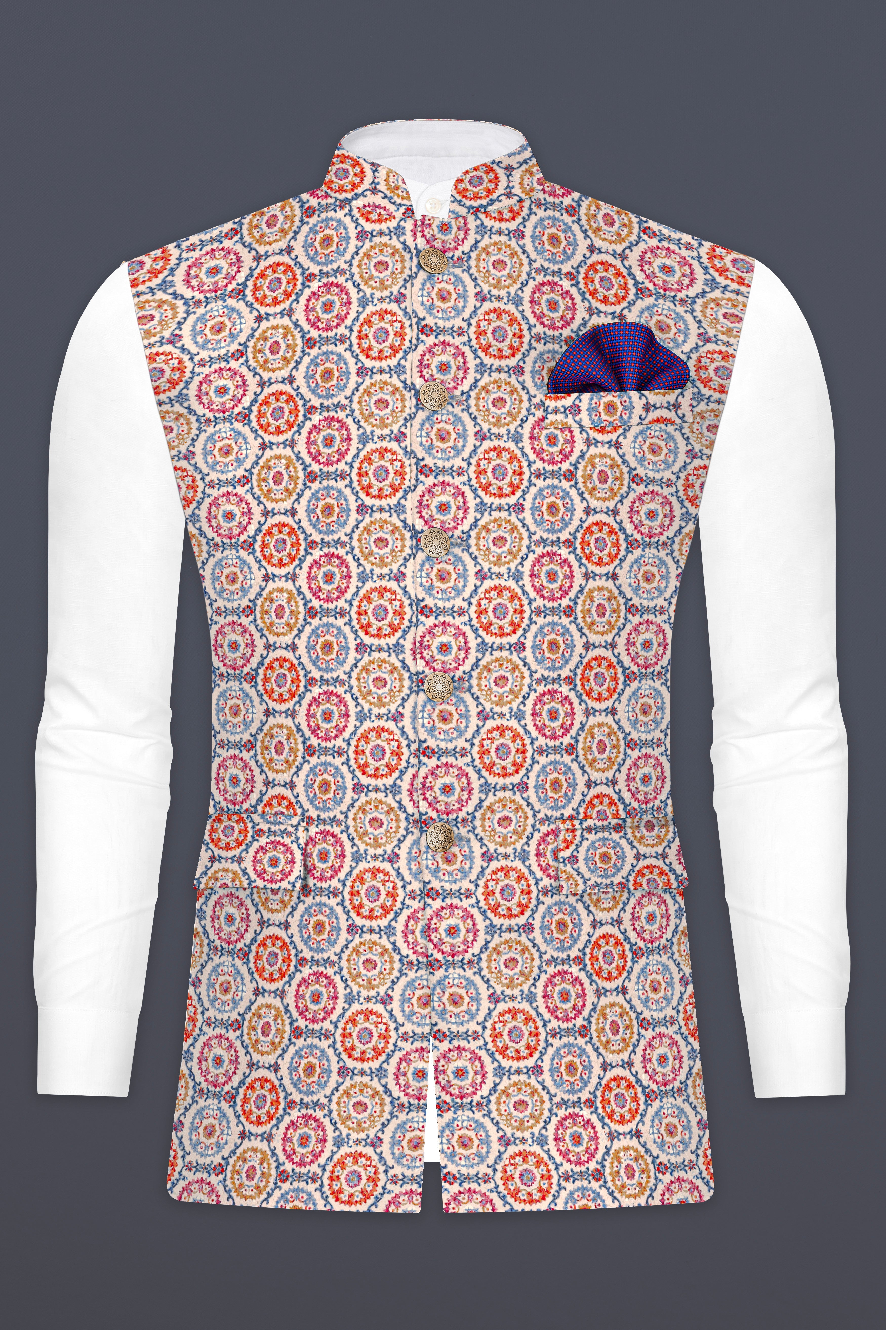 Bright White And Cyan Blue Multicolour Thread Embroidered Nehru Jacket