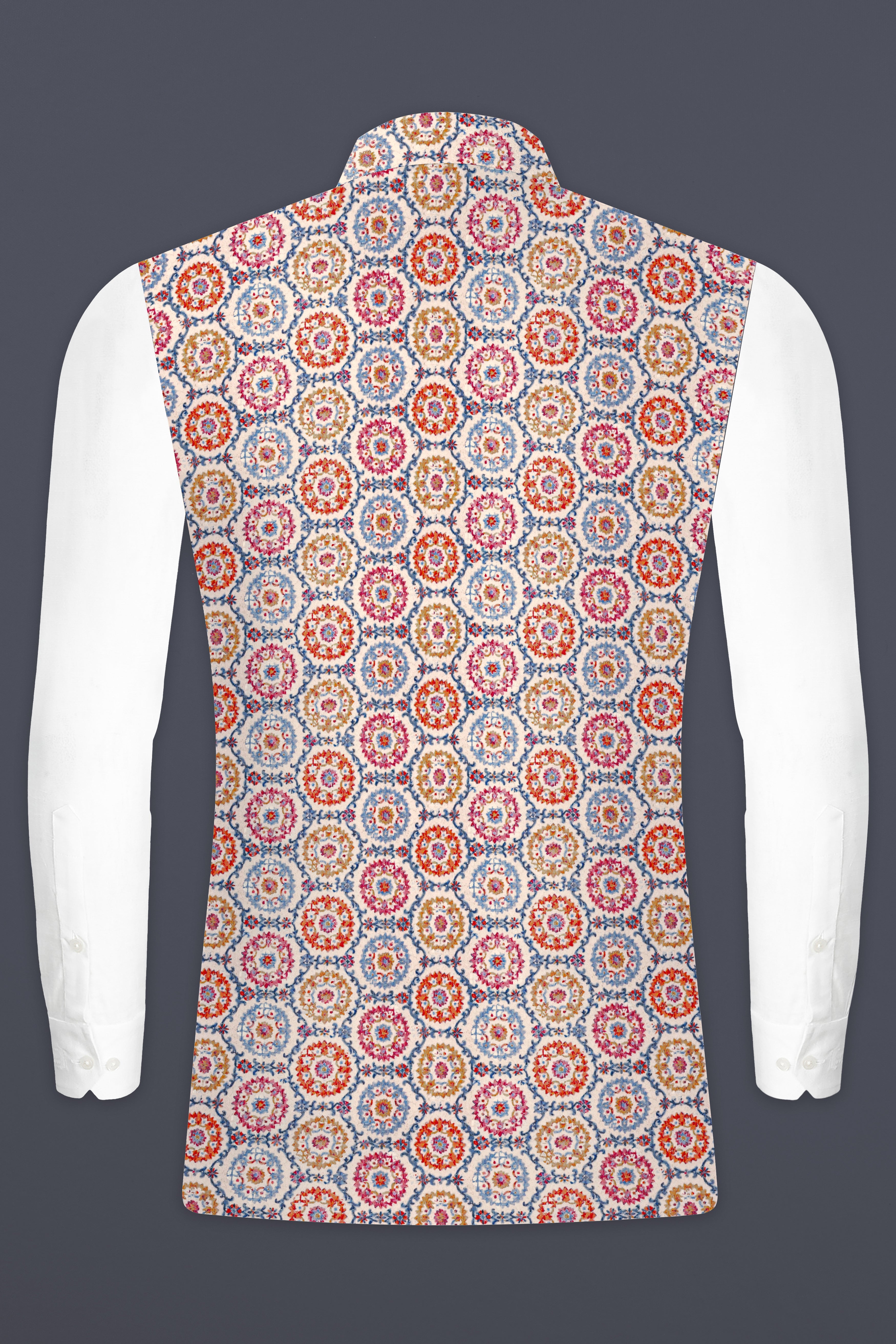 Bright White And Cyan Blue Multicolour Thread Embroidered Nehru Jacket