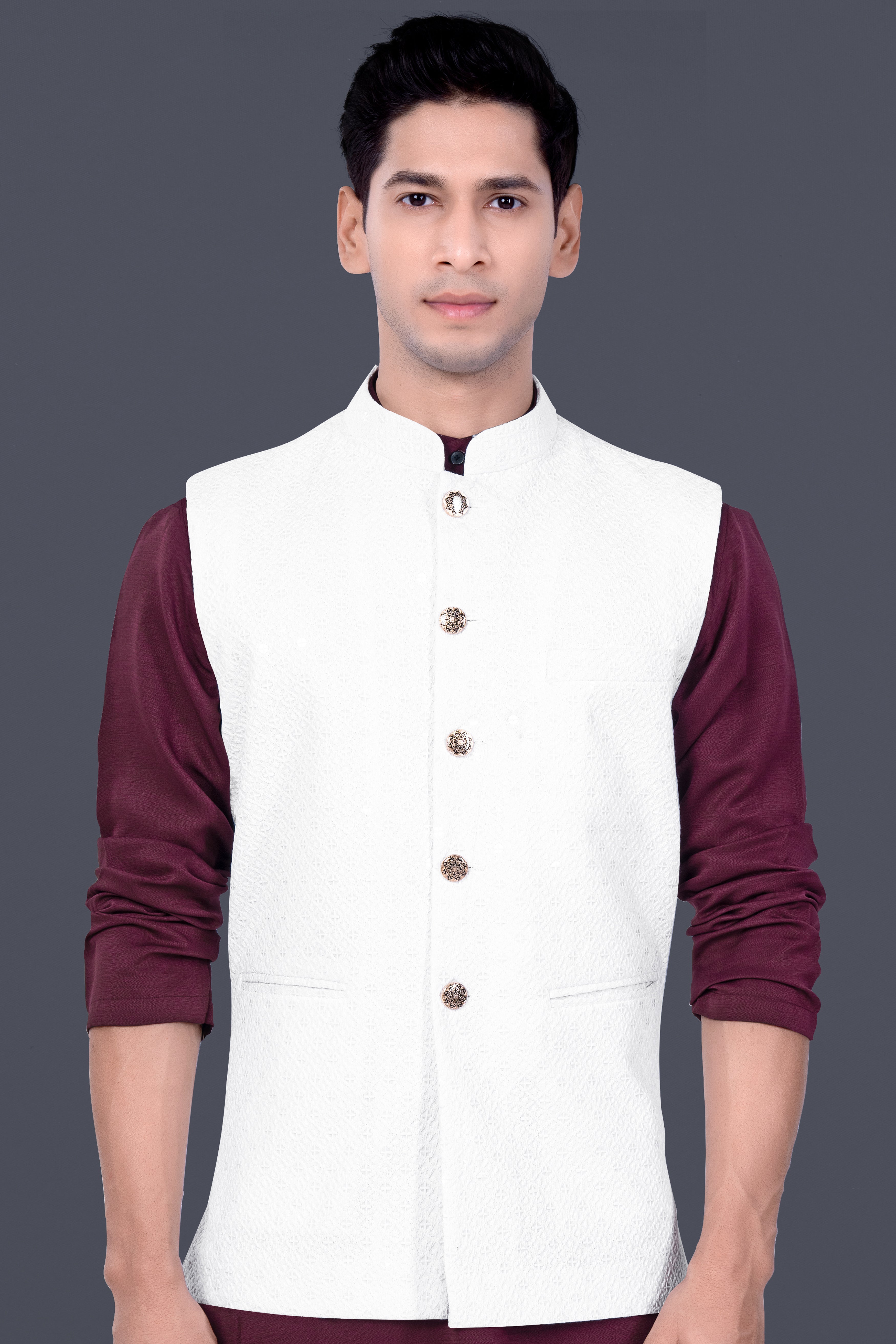 Bright White Sequin And Thread Embroidered Nehru Jacket