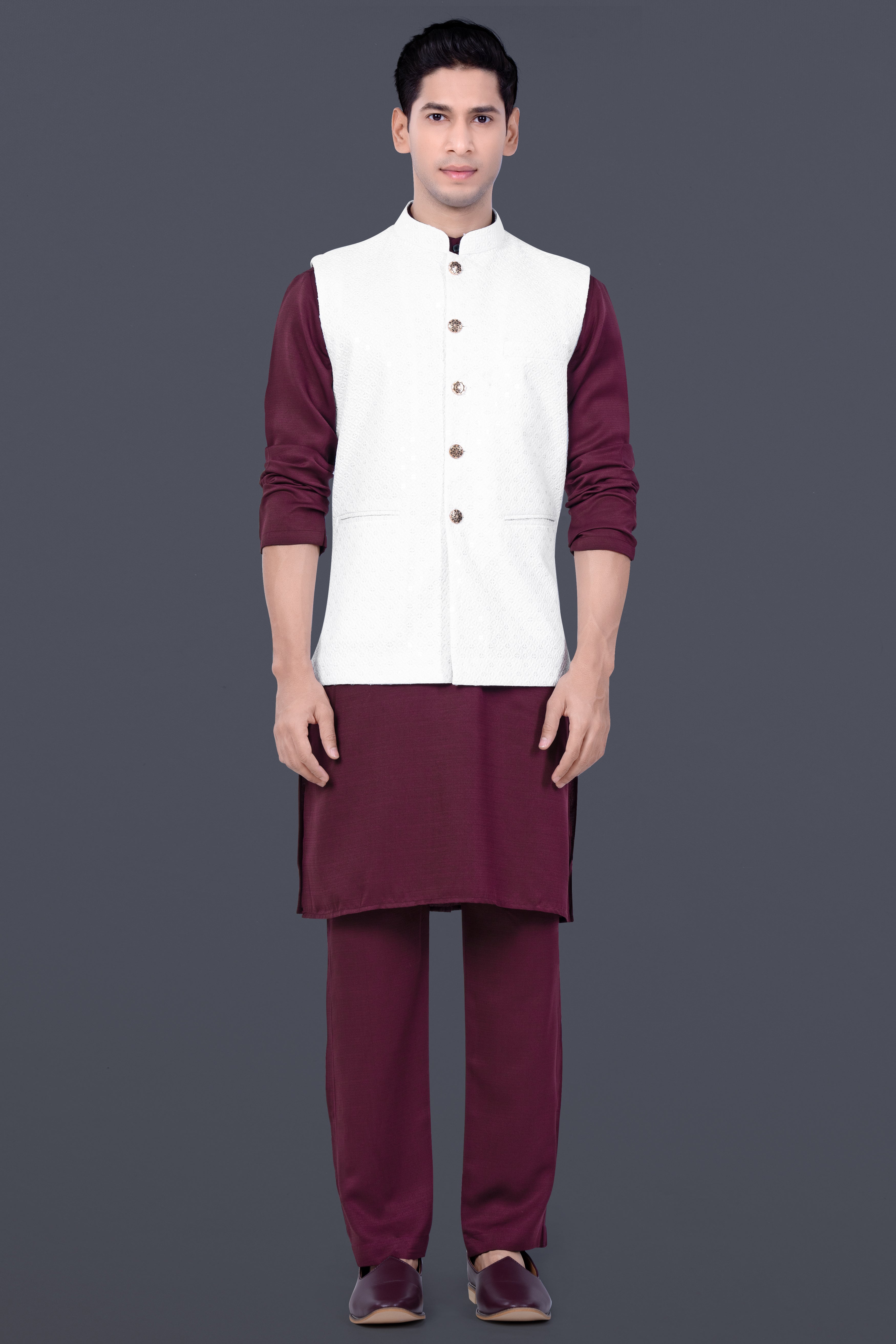 Bright White Sequin And Thread Embroidered Nehru Jacket