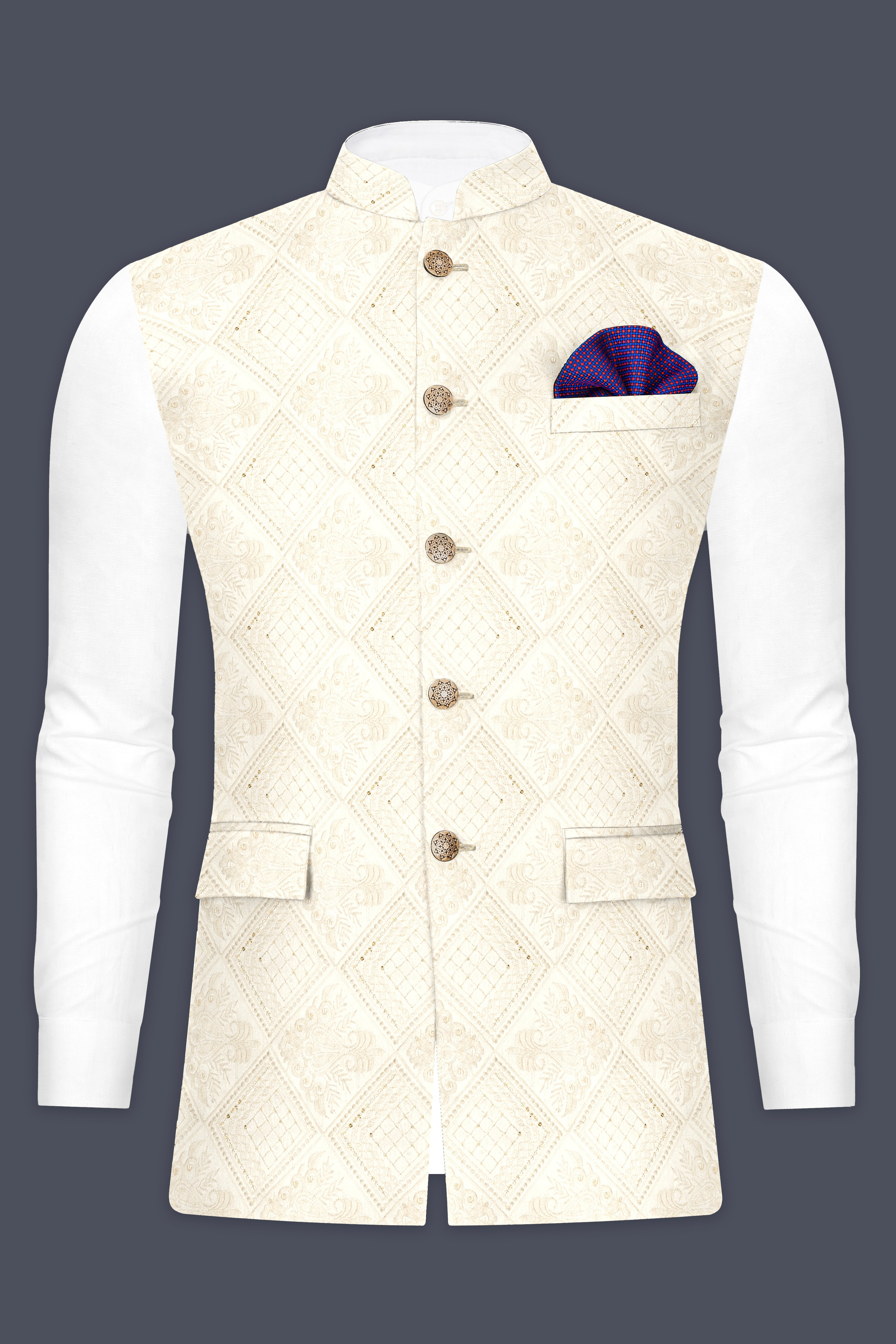 Eggshell Cream Trellis Sequin And Thread Embroidered Nehru Jacket