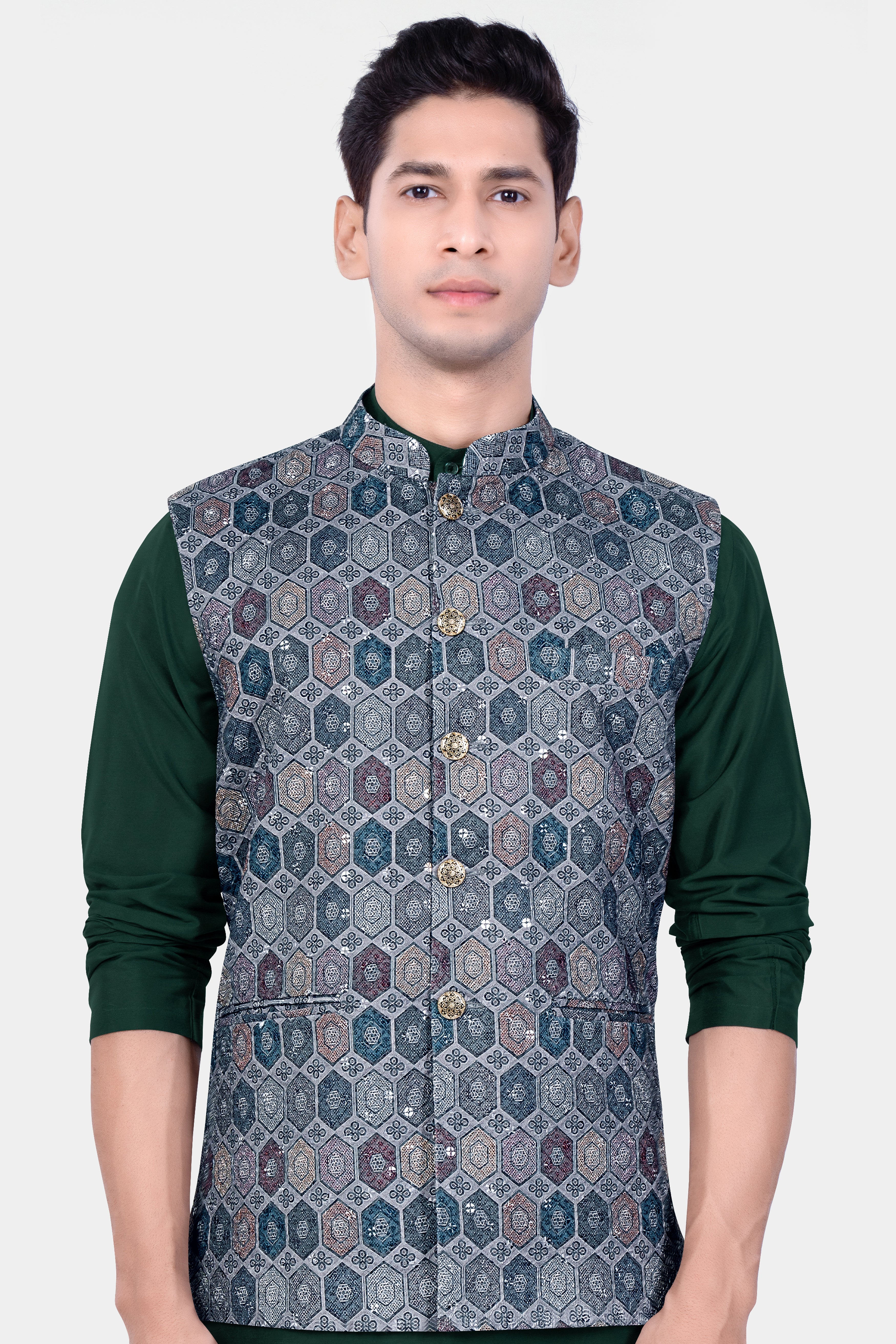 Tuna Blue And Gunsmoke Gray Multicolour Embroidered Nehru Jacket