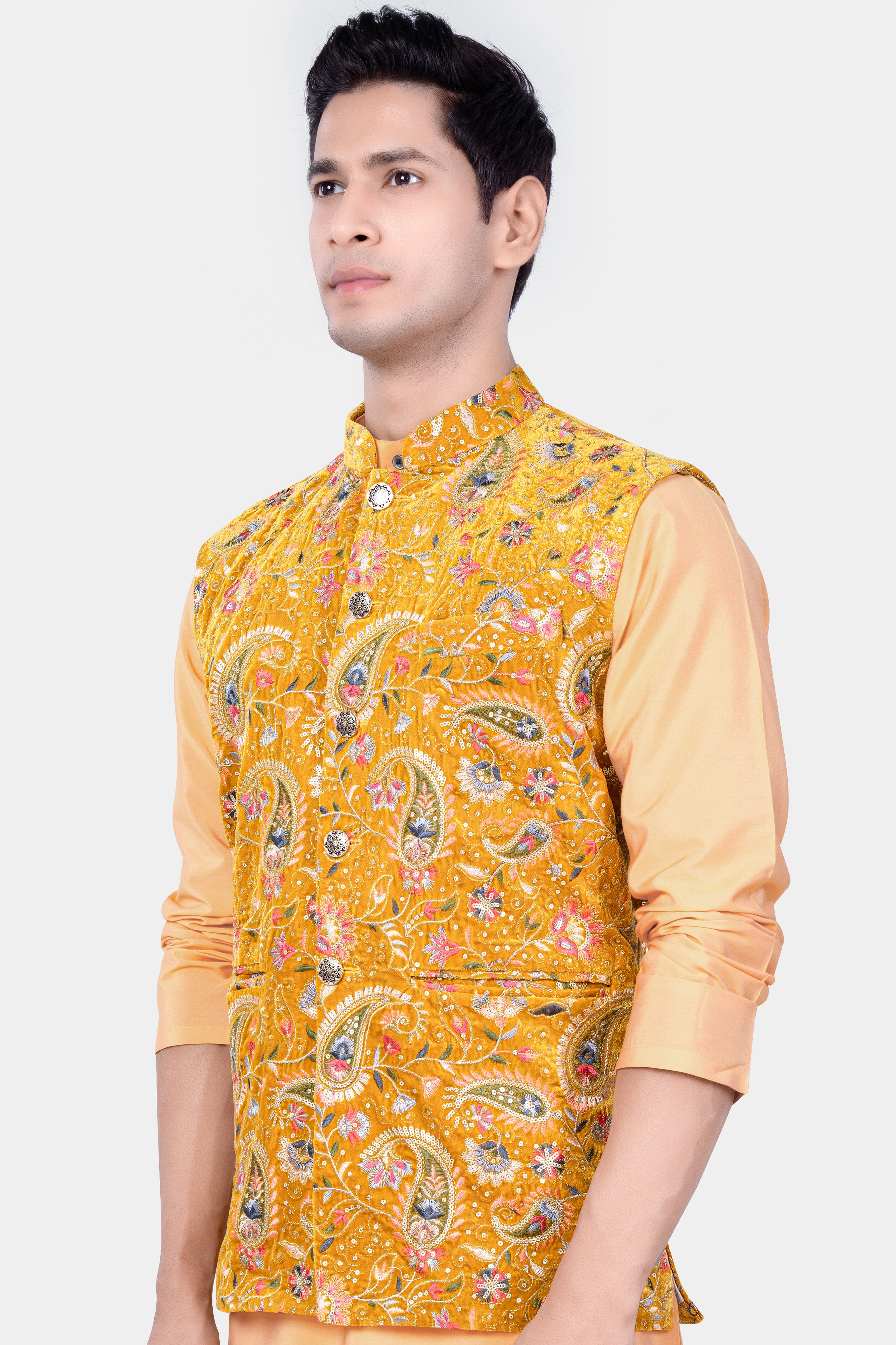 Firebush Yellow Velvet Floral Thread Embroidered Nehru Jacket