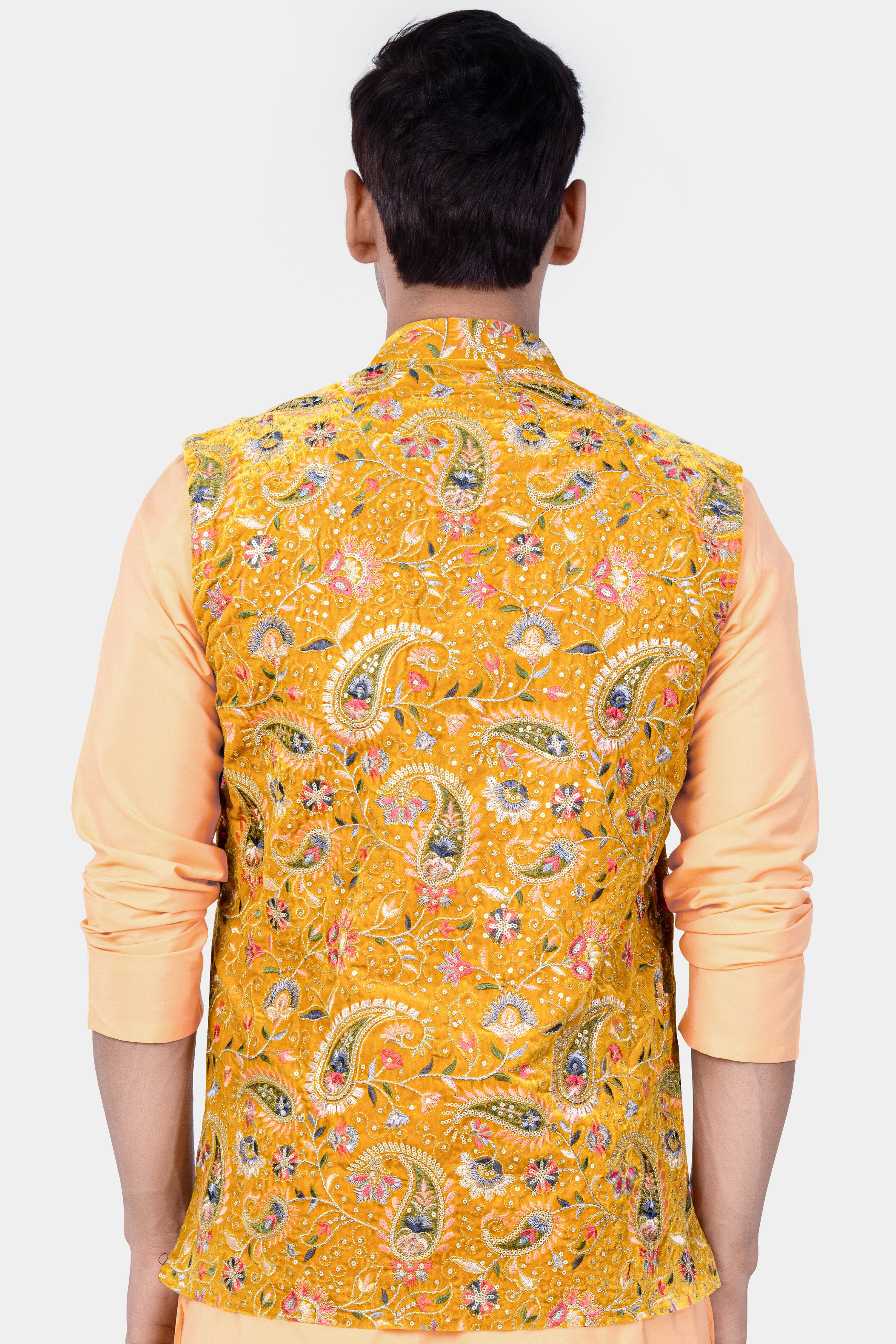 Firebush Yellow Velvet Floral Thread Embroidered Nehru Jacket