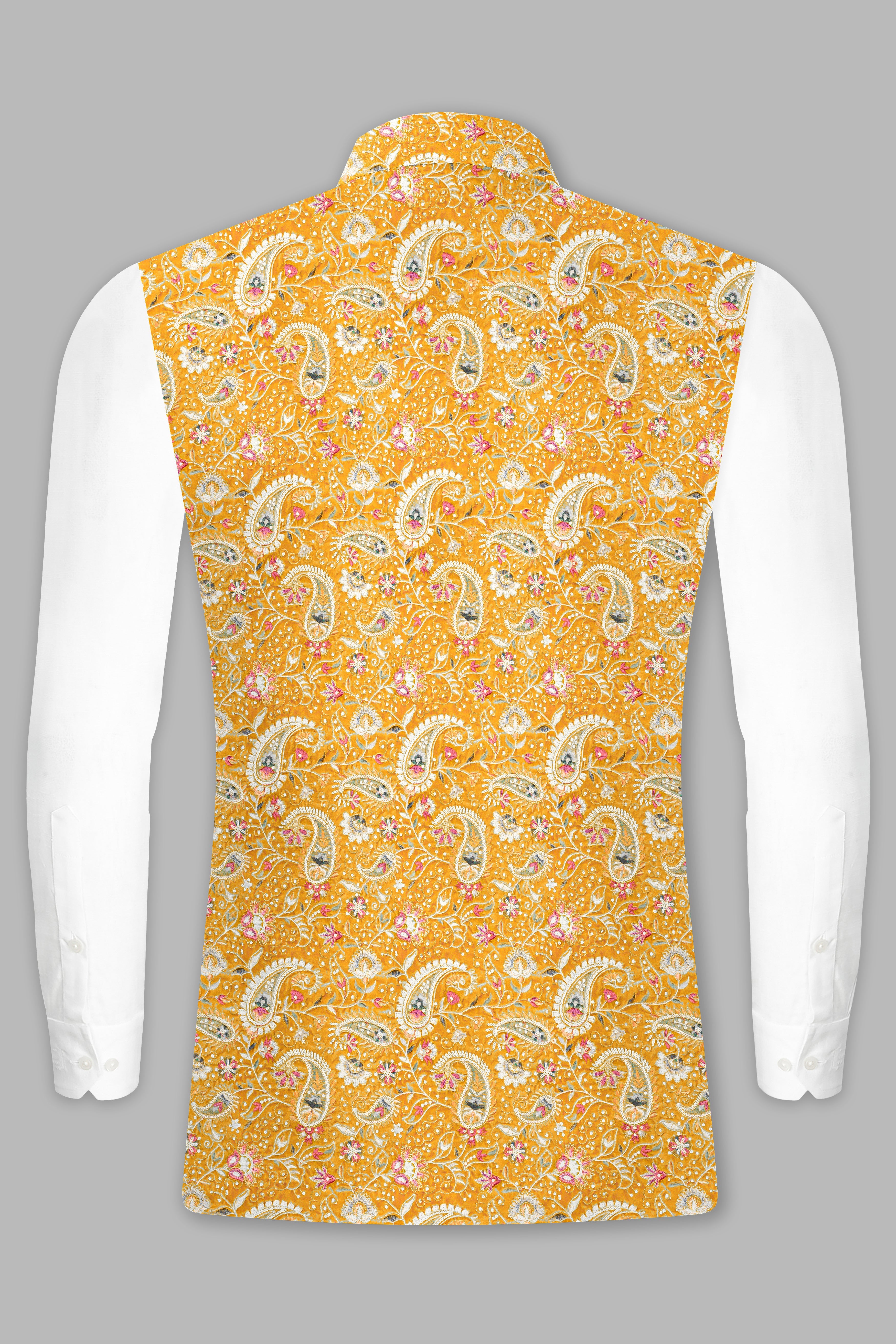 Firebush Yellow Velvet Floral Thread Embroidered Nehru Jacket