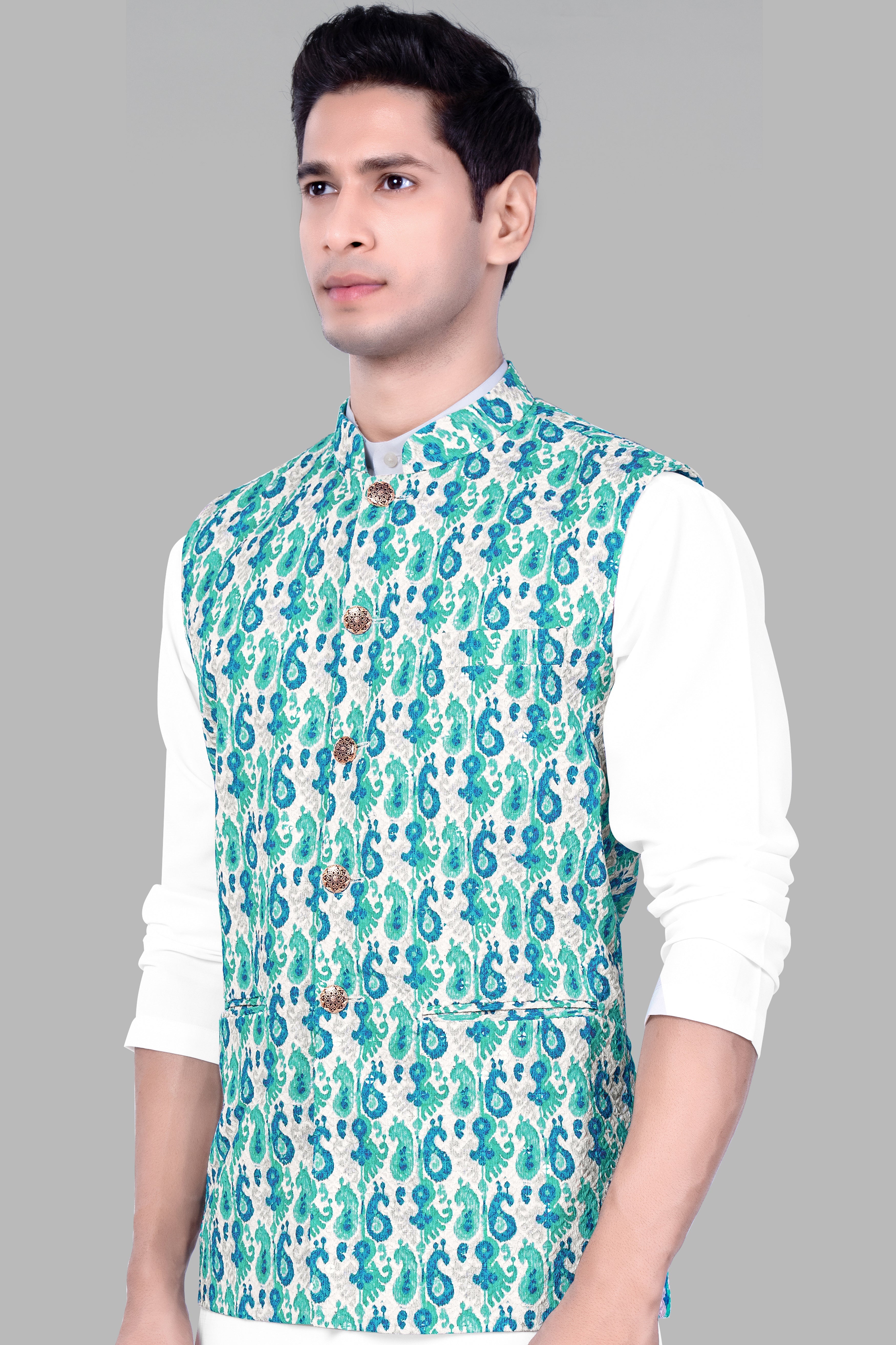 Bright White And Curious Blue Designer Thread Embroidered Nehru Jacket