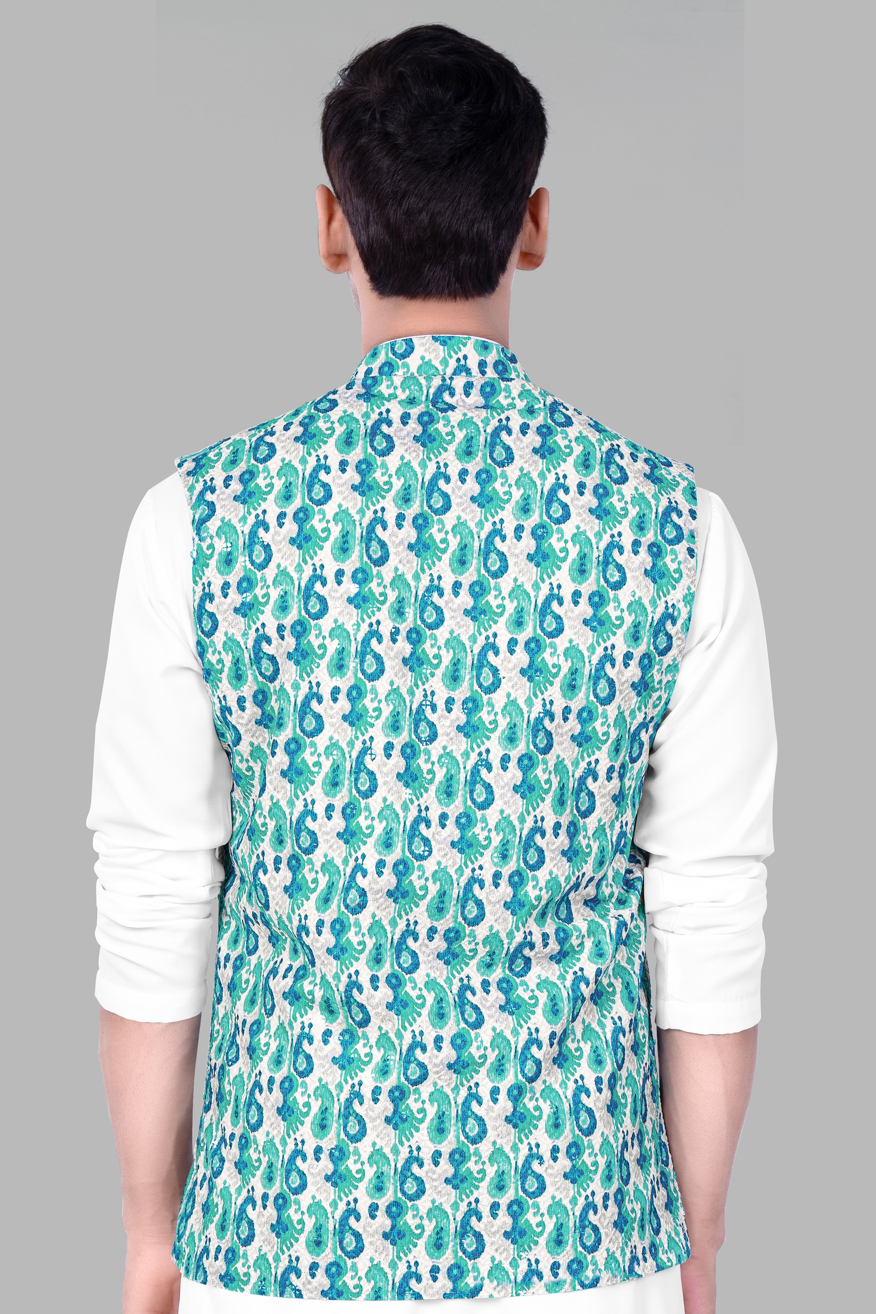 Bright White And Curious Blue Designer Thread Embroidered Nehru Jacket