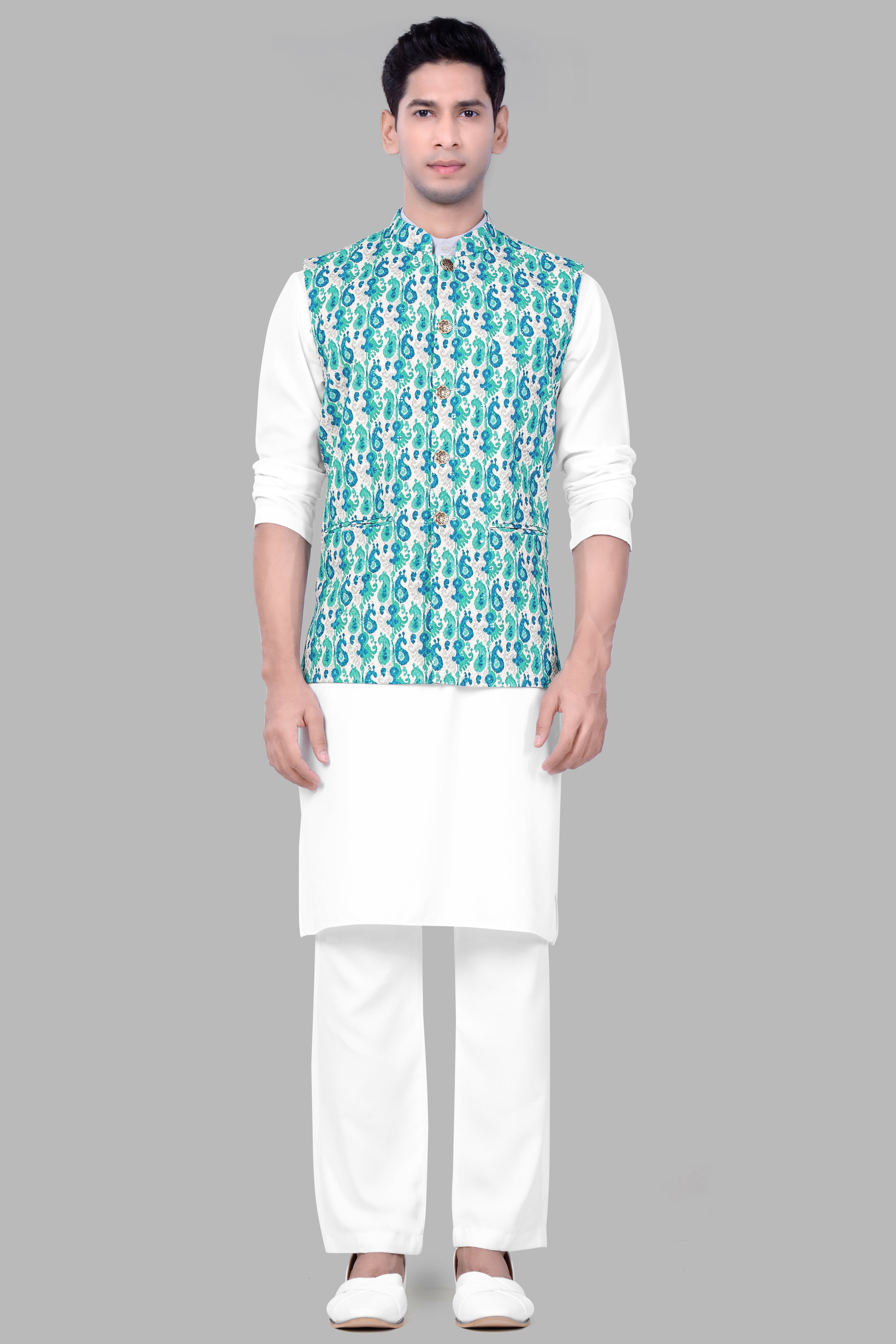 Bright White And Curious Blue Designer Thread Embroidered Nehru Jacket