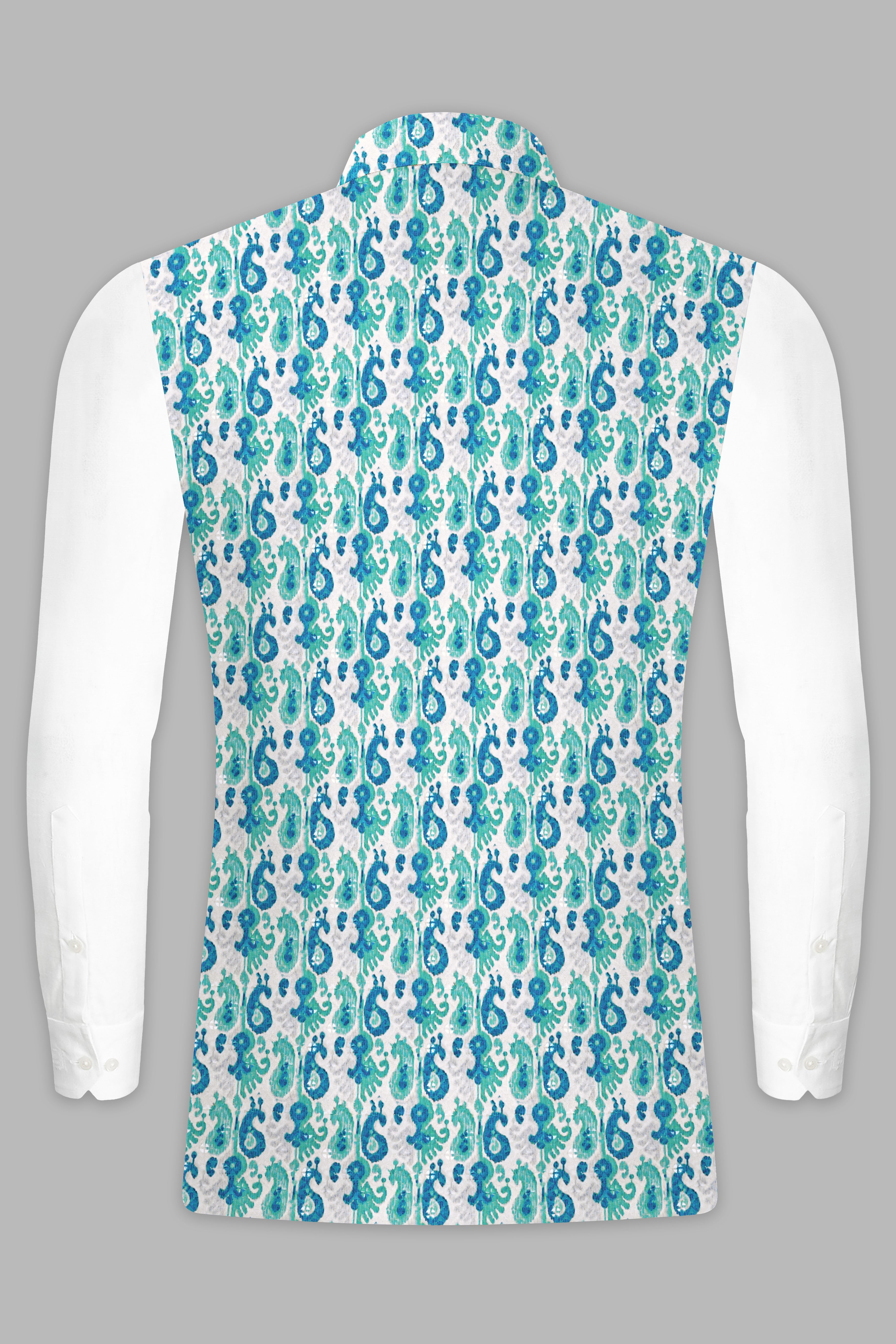 Bright White And Curious Blue Designer Thread Embroidered Nehru Jacket