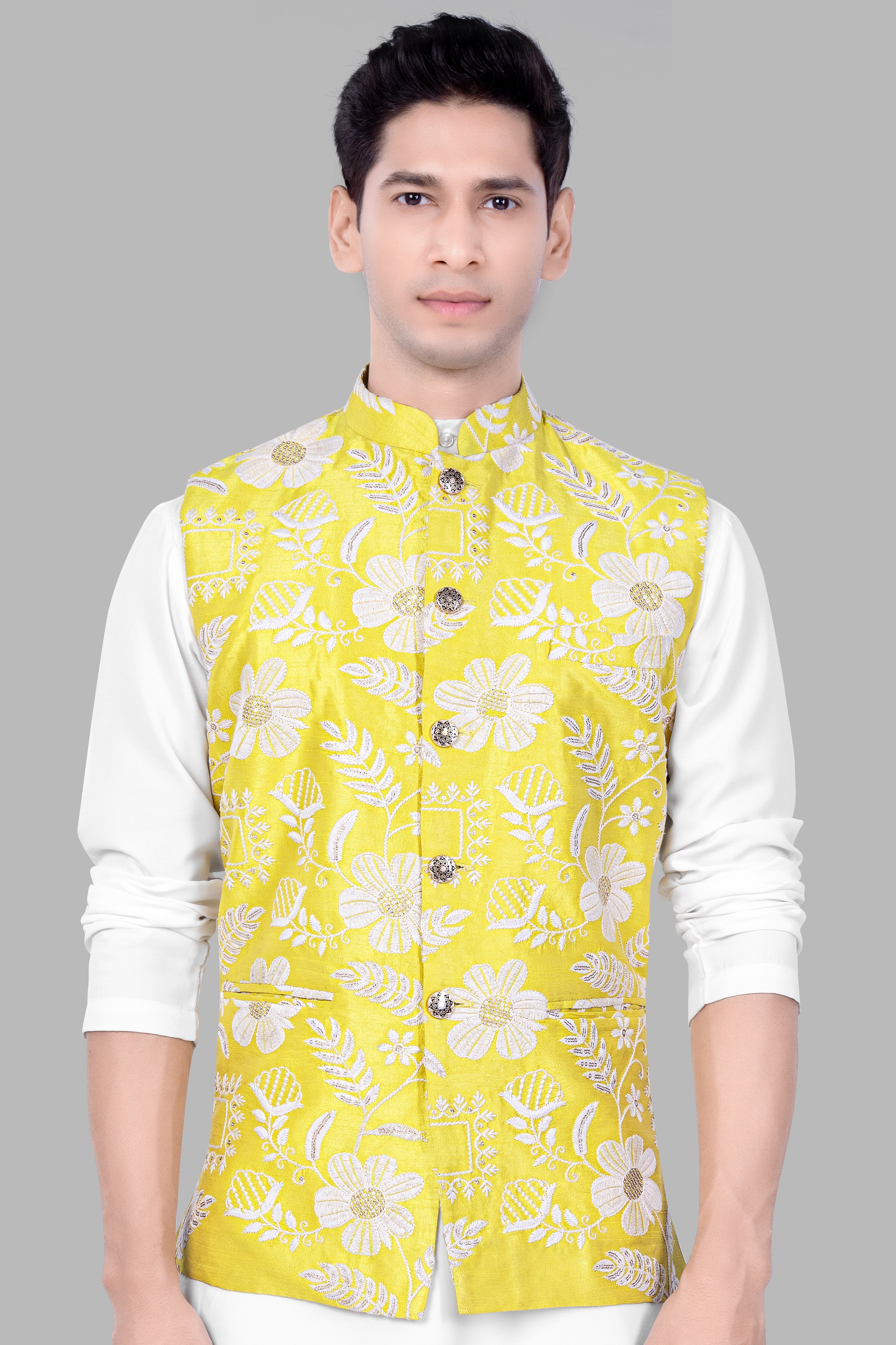 Dandelion Yellow And Bright White Floral Sequin And Thread Embroidered Nehru Jacket