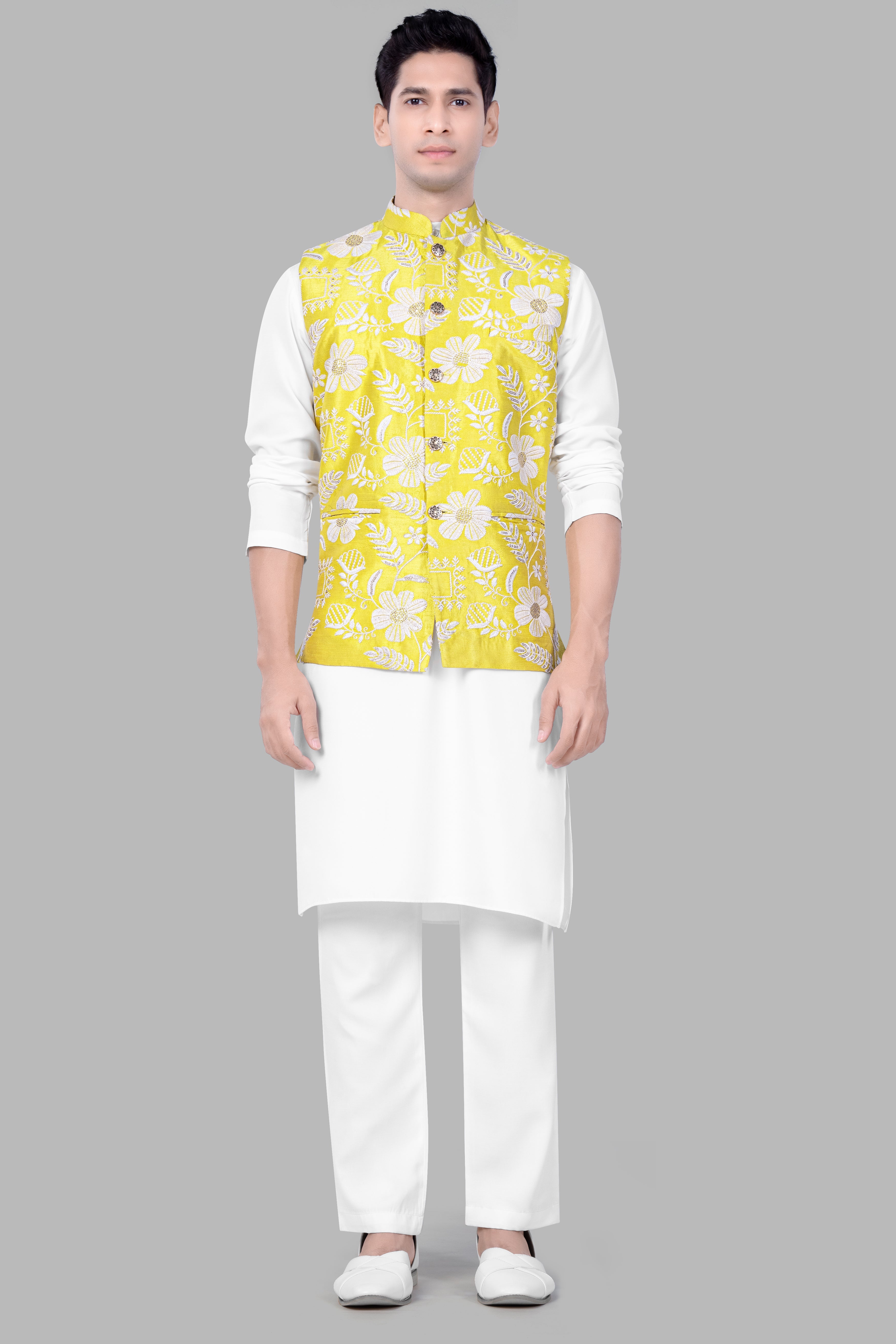 Dandelion Yellow And Bright White Floral Sequin And Thread Embroidered Nehru Jacket
