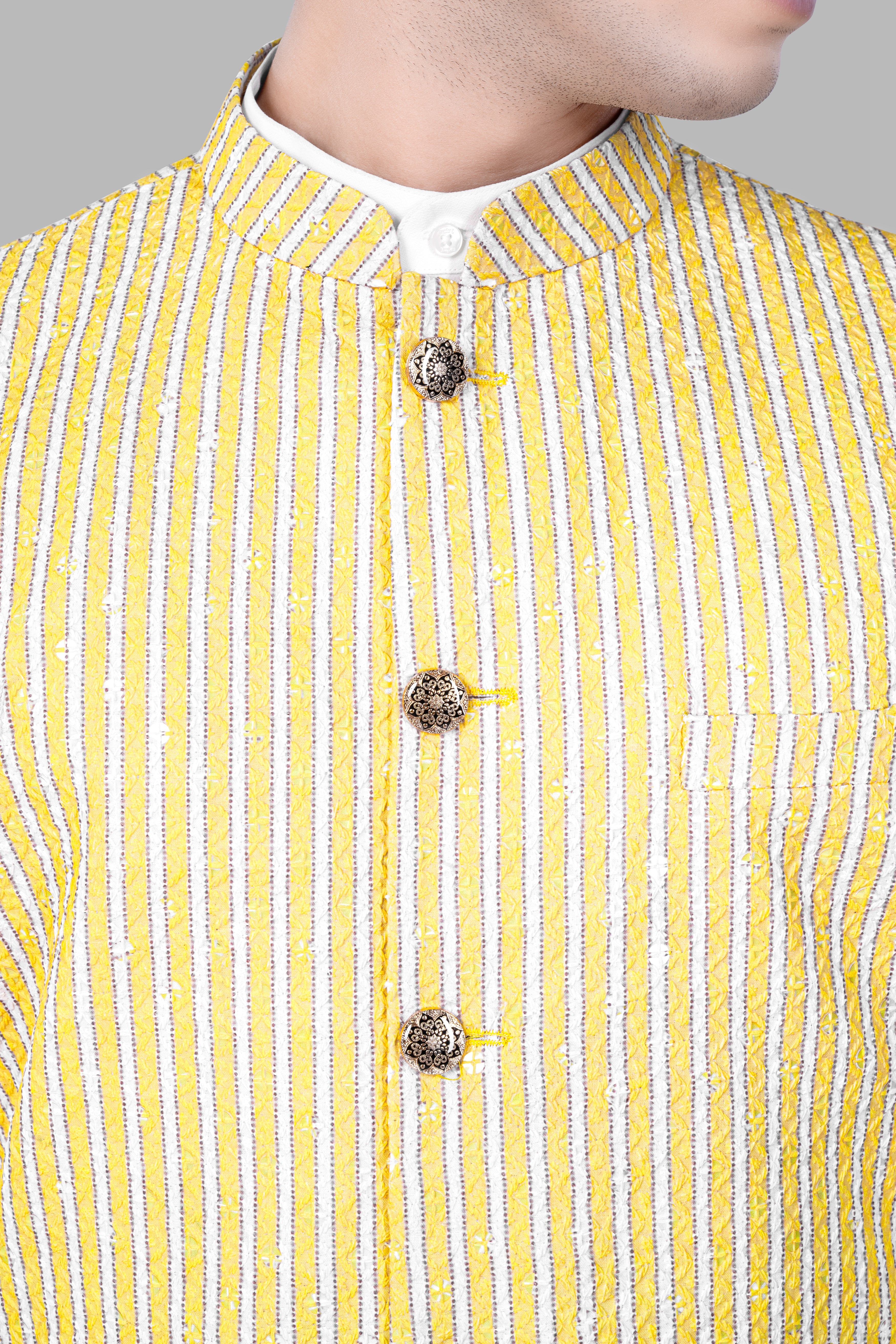 Drover Yellow And Bright White Striped Designer Thread Embroidered Nehru Jacket