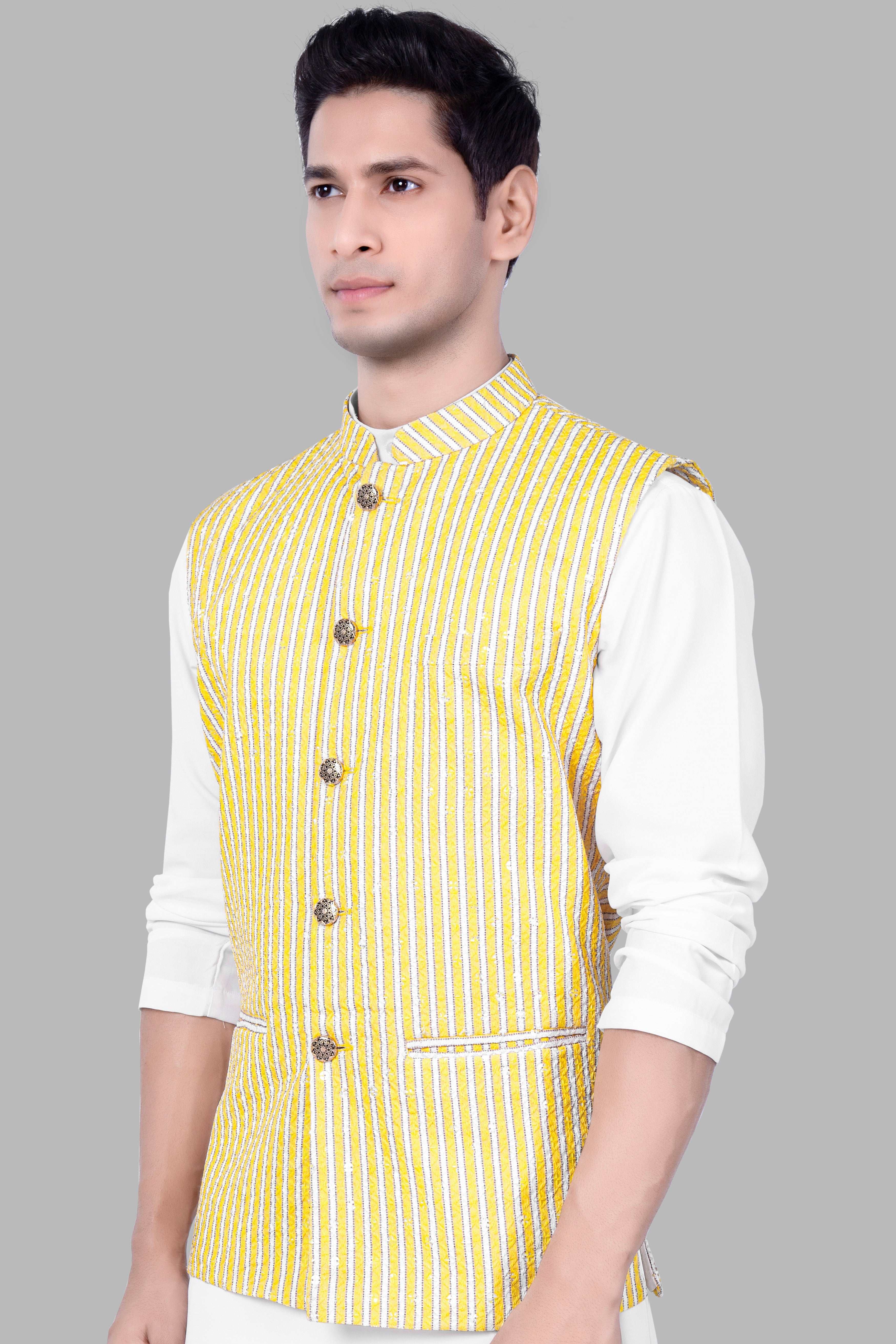 Drover Yellow And Bright White Striped Designer Thread Embroidered Nehru Jacket